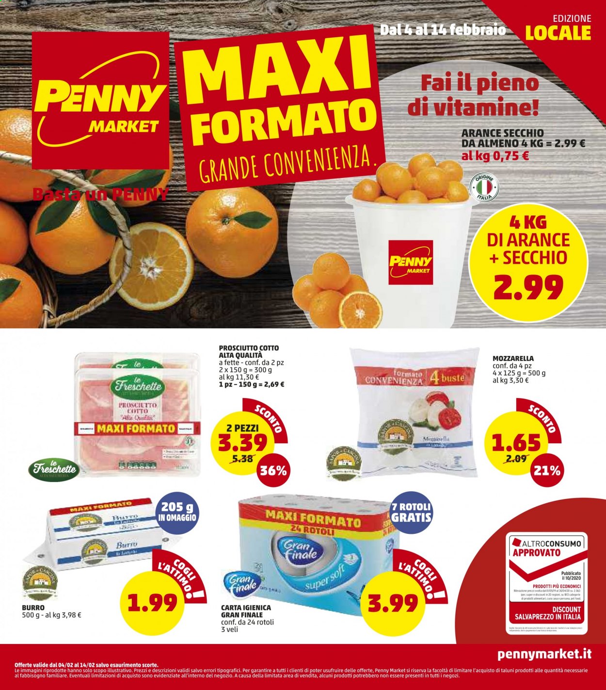 thumbnail - Volantino Penny Market - 4/2/2021 - 14/2/2021 - Prodotti in offerta - prosciutto, prosciutto cotto, formaggio, mozzarella, burro, penne, carta igienica, secchio. Pagina 1.