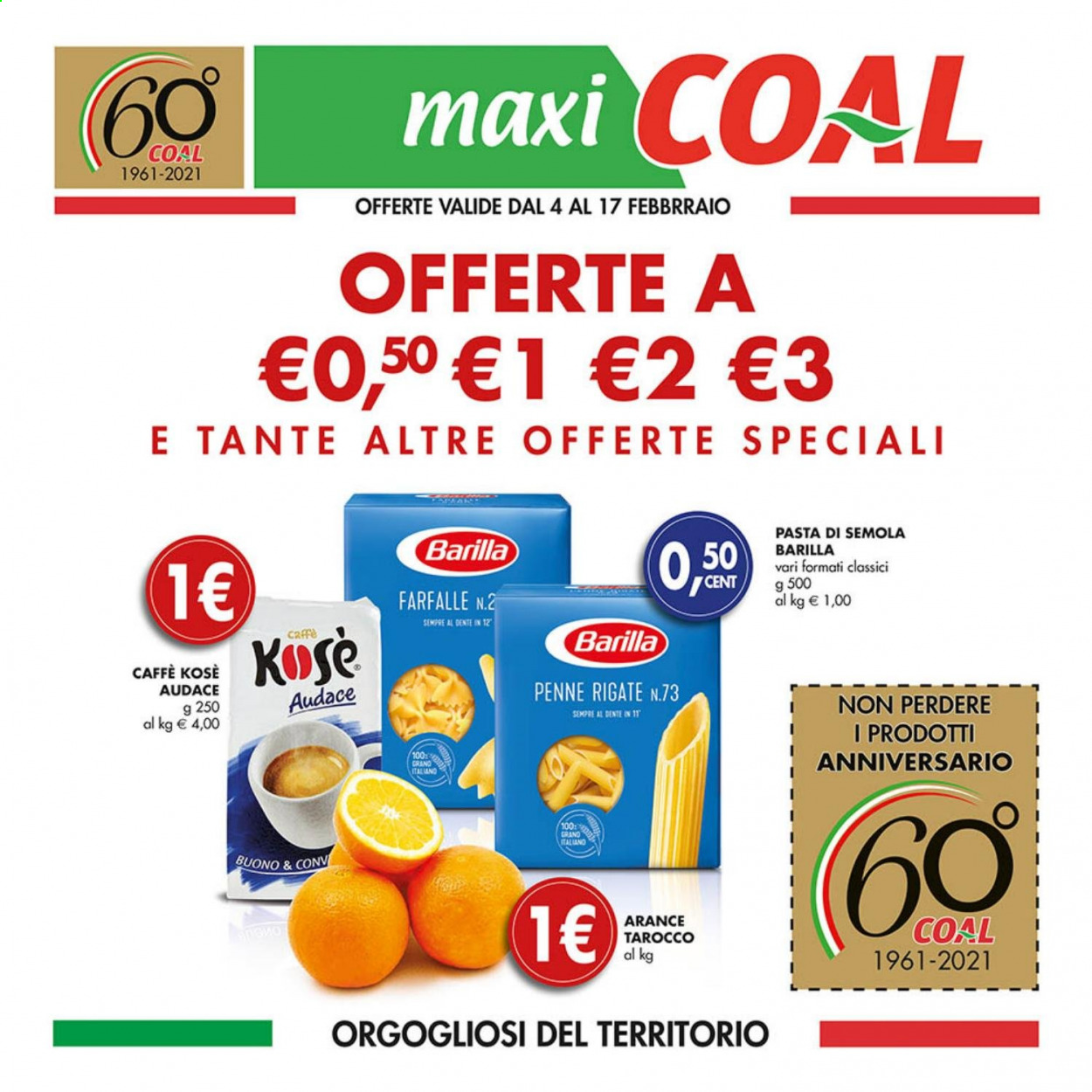 thumbnail - Volantino COAL - 4/2/2021 - 17/2/2021 - Prodotti in offerta - arance, Barilla, farfalle, pasta, penne, caffè. Pagina 1.