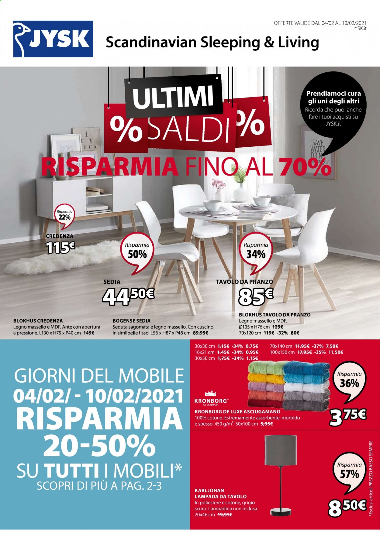 thumbnail - Volantino JYSK - 4/2/2021 - 10/2/2021 - Prodotti in offerta - asciugamano, tavolo da pranzo, sedia, lampada, lampada da tavolo. Pagina 1.