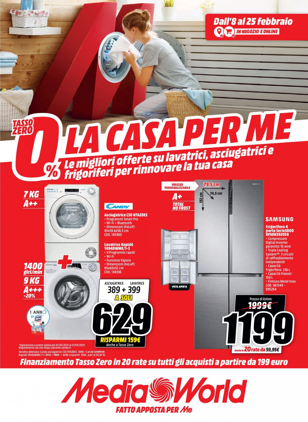 thumbnail - Volantino MediaWorld - 8/2/2021 - 25/2/2021 - Prodotti in offerta - Candy, frigorifero, lavatrice, asciugatrice. Pagina 1.