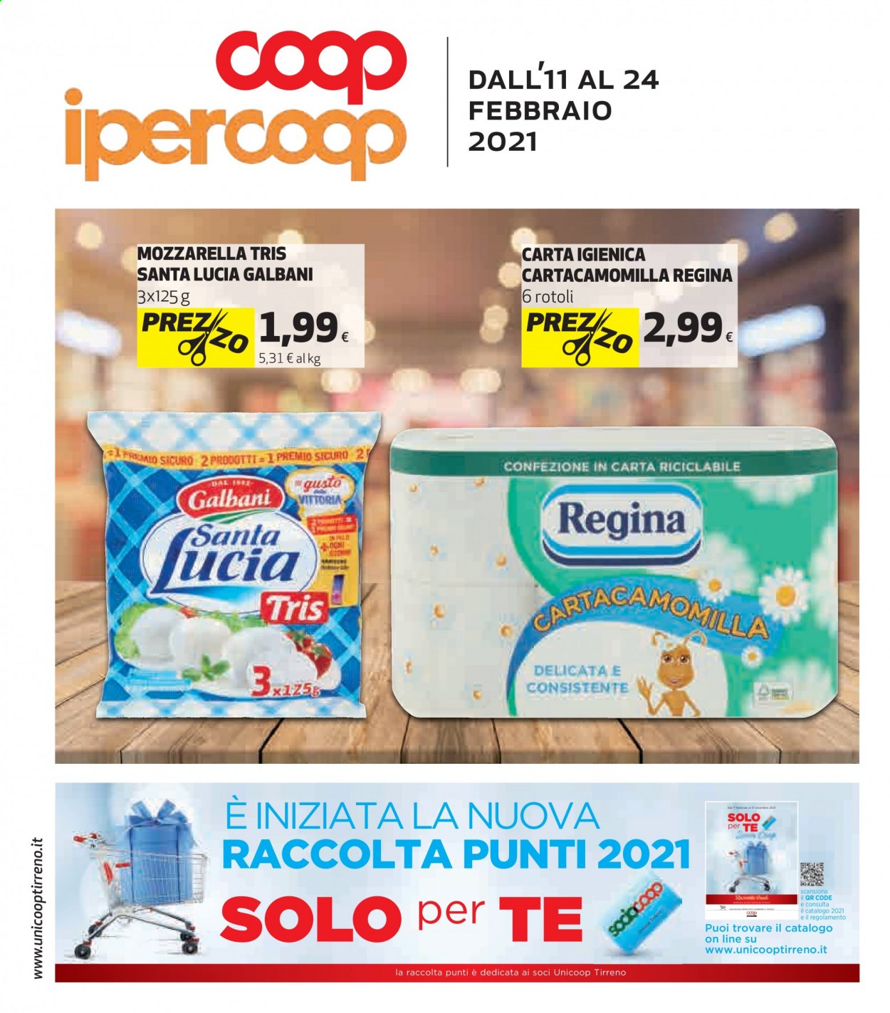 thumbnail - Volantino Coop - 11/2/2021 - 24/2/2021 - Prodotti in offerta - Galbani, formaggio, mozzarella, carta igienica, Regina. Pagina 1.