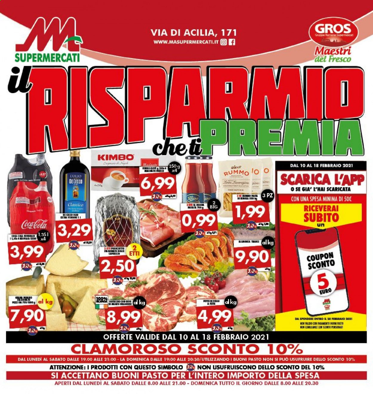 thumbnail - Volantino M.A. Supermercati - 10/2/2021 - 18/2/2021 - Prodotti in offerta - De Cecco, pasta, Rummo, Coca Cola, bibita gassata, caffè, Kimbo. Pagina 1.