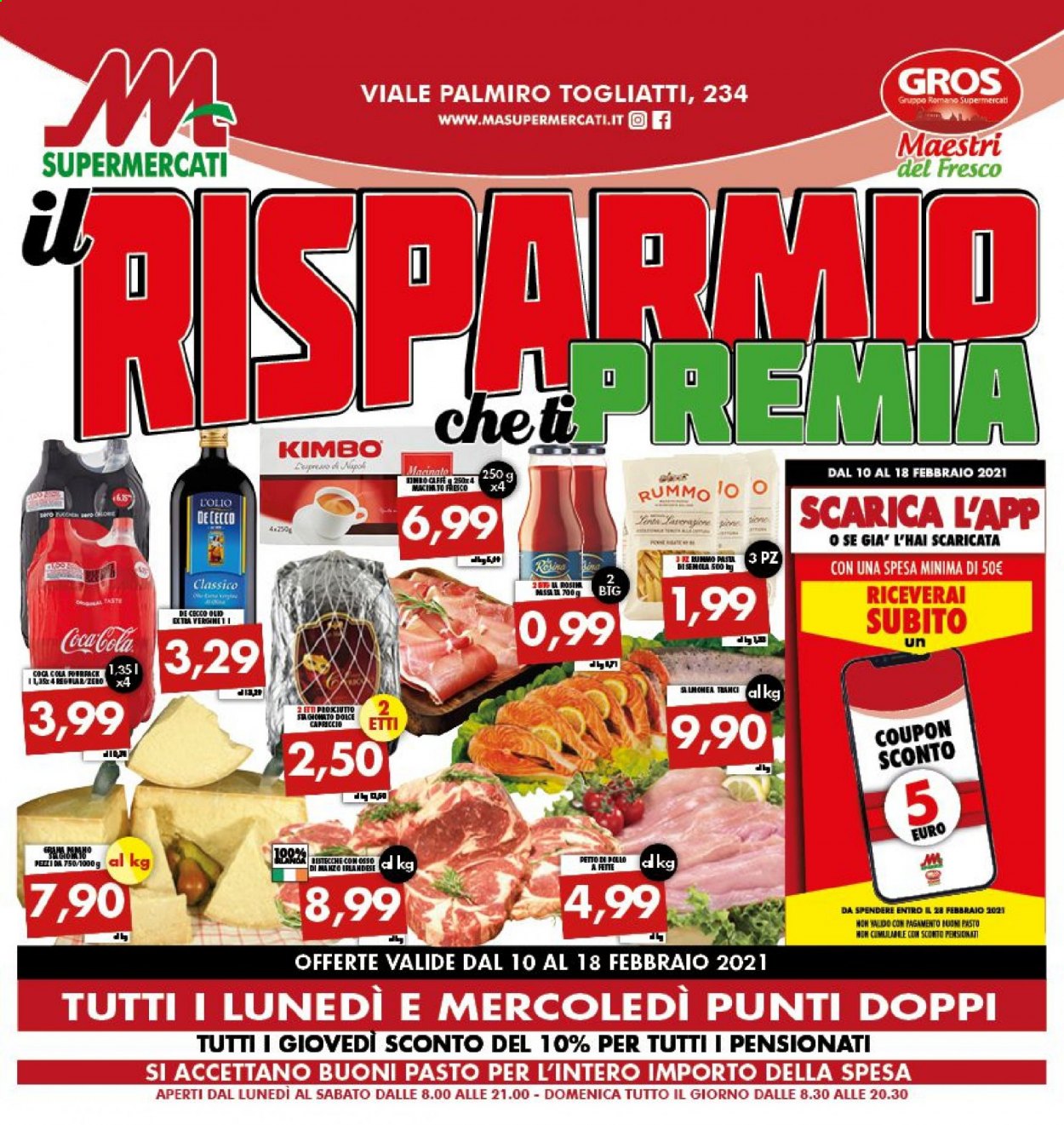 thumbnail - Volantino M.A. Supermercati - 10/2/2021 - 18/2/2021 - Prodotti in offerta - De Cecco, Rummo, Coca Cola, bibita gassata, caffè, Kimbo. Pagina 1.