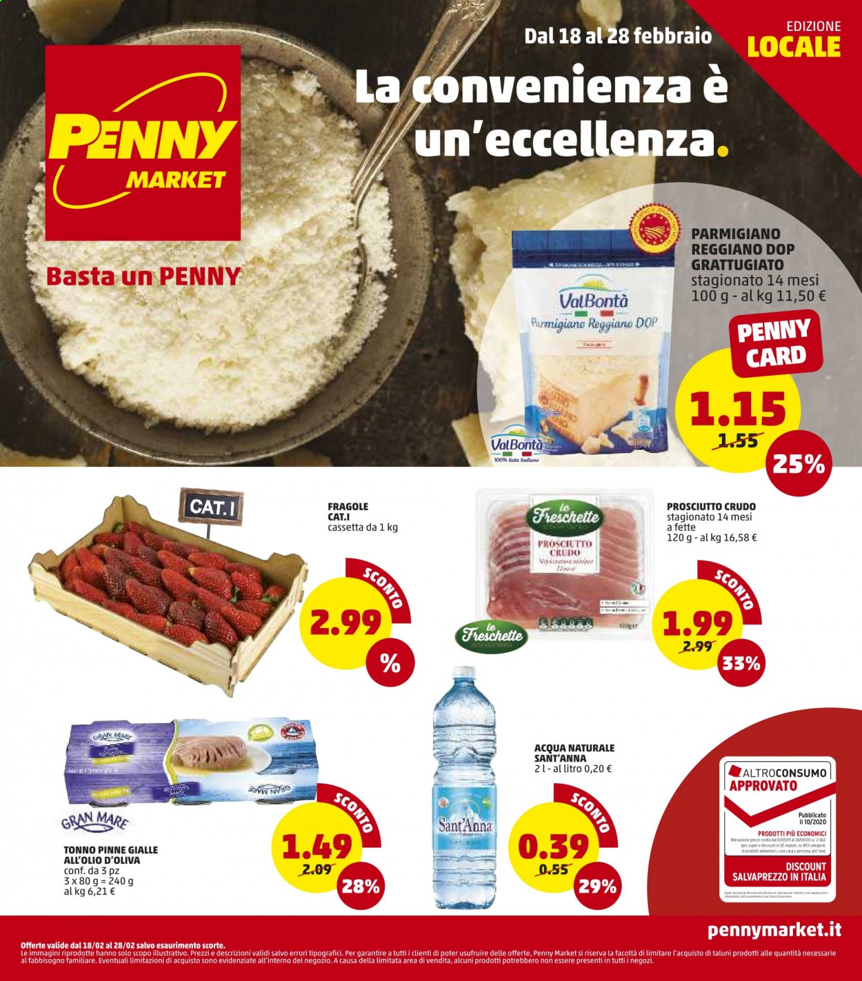 thumbnail - Volantino Penny Market - 18/2/2021 - 28/2/2021 - Prodotti in offerta - fragole, tonno, prosciutto, prosciutto crudo, formaggio, parmigiano, acqua naturale, Sant'Anna. Pagina 1.