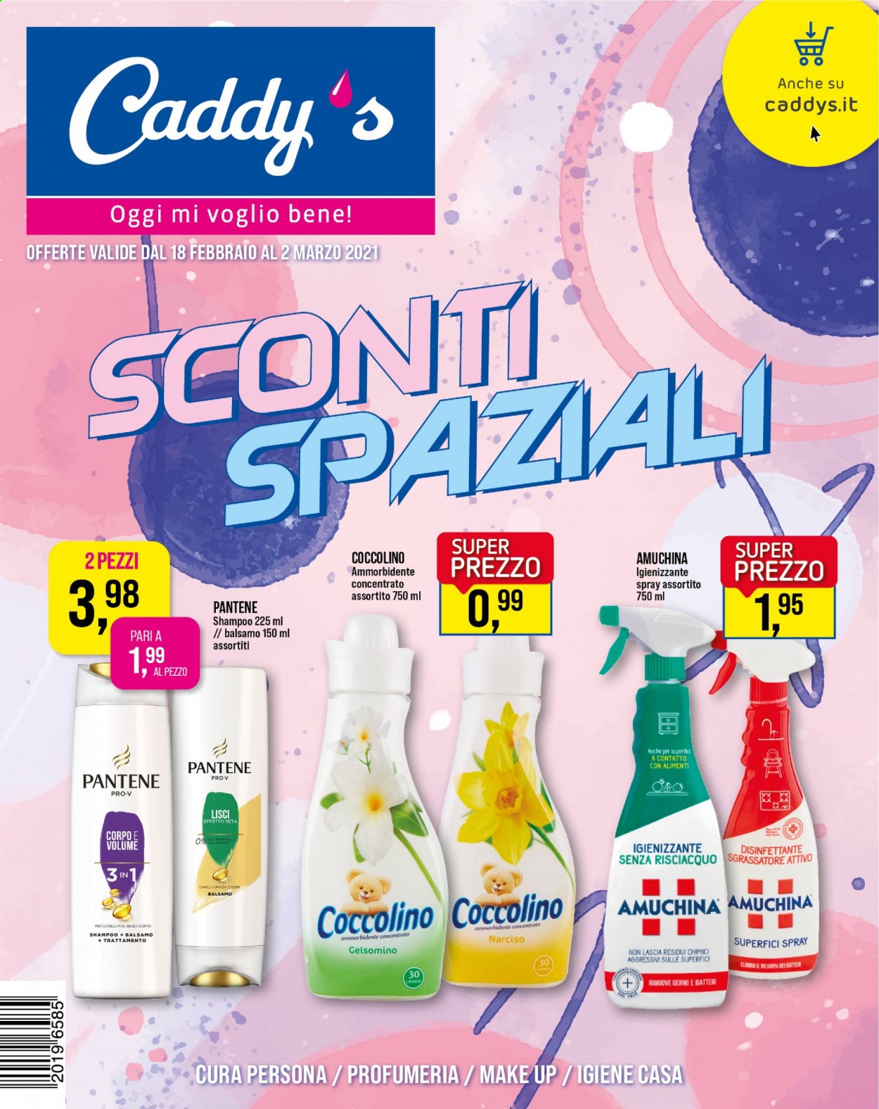 thumbnail - Volantino Caddy's - 18/2/2021 - 2/3/2021 - Prodotti in offerta - sgrassatore, igienizzante, ammorbidente, Coccolino, shampoo, Pantene, Amuchina. Pagina 1.