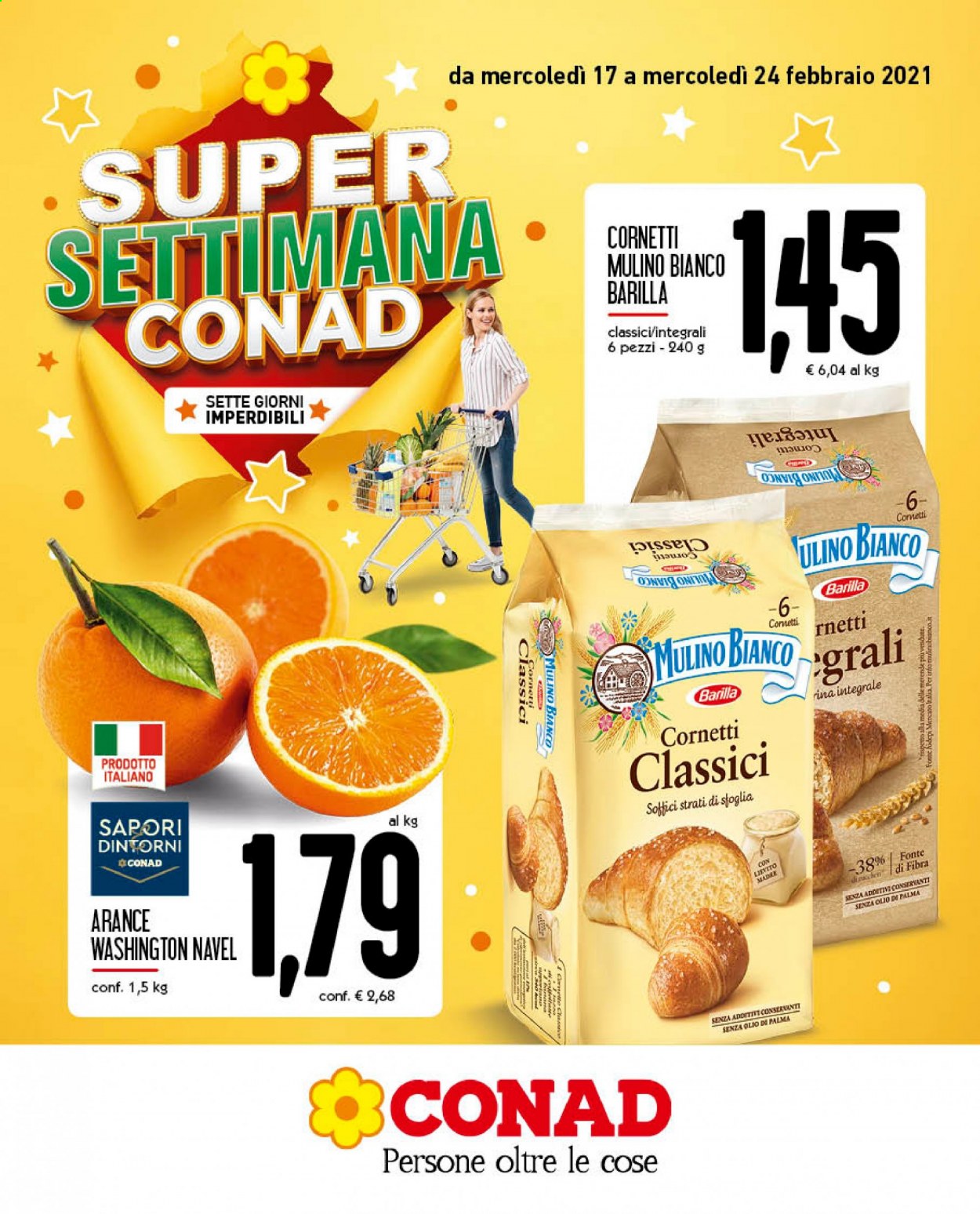 thumbnail - Volantino Conad - 17/2/2021 - 24/2/2021 - Prodotti in offerta - Mulino Bianco, croissant, arance, arancie Navel, Barilla. Pagina 1.
