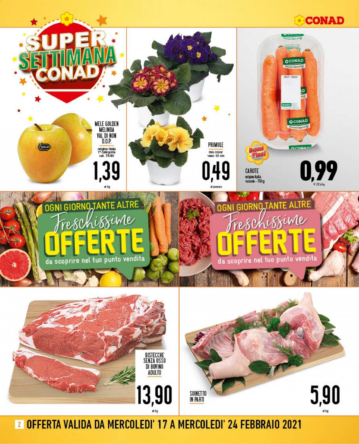 thumbnail - Volantino Conad - 17/2/2021 - 24/2/2021 - Prodotti in offerta - carote, mele, bistecca, manzo, bistecca di manzo, vaso. Pagina 2.