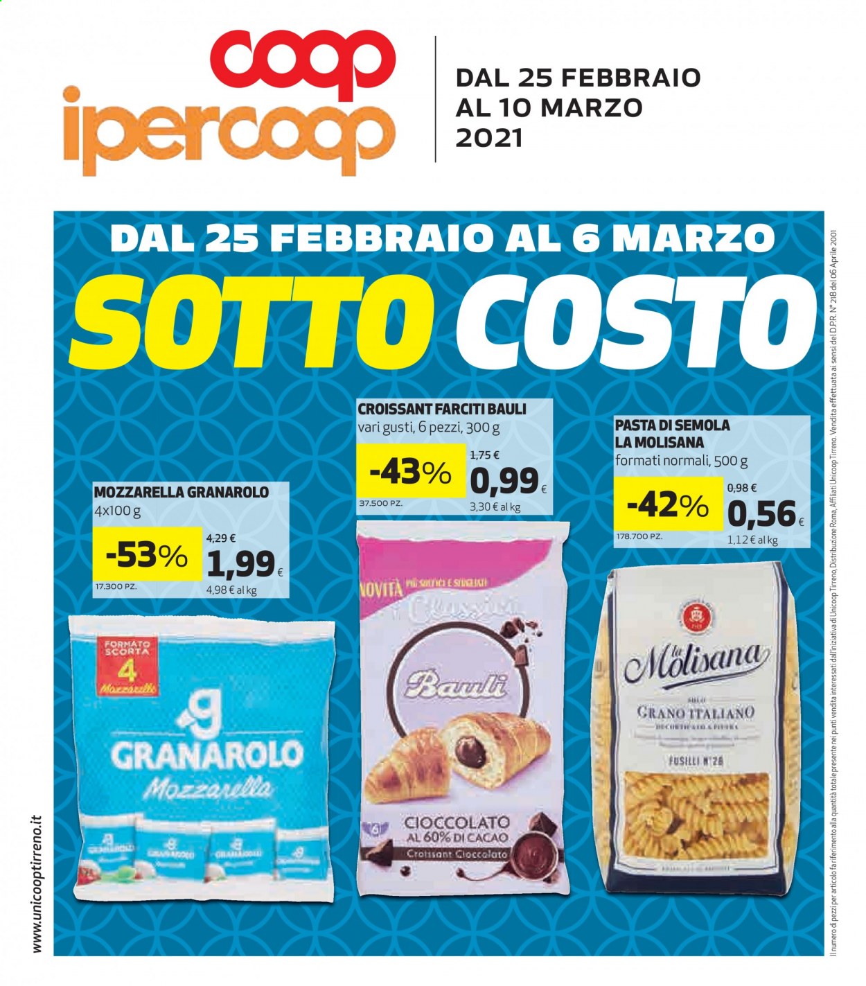 thumbnail - Volantino Coop - 25/2/2021 - 10/3/2021 - Prodotti in offerta - Bauli, croissant, Granarolo, formaggio, mozzarella, pasta, fusilli. Pagina 1.
