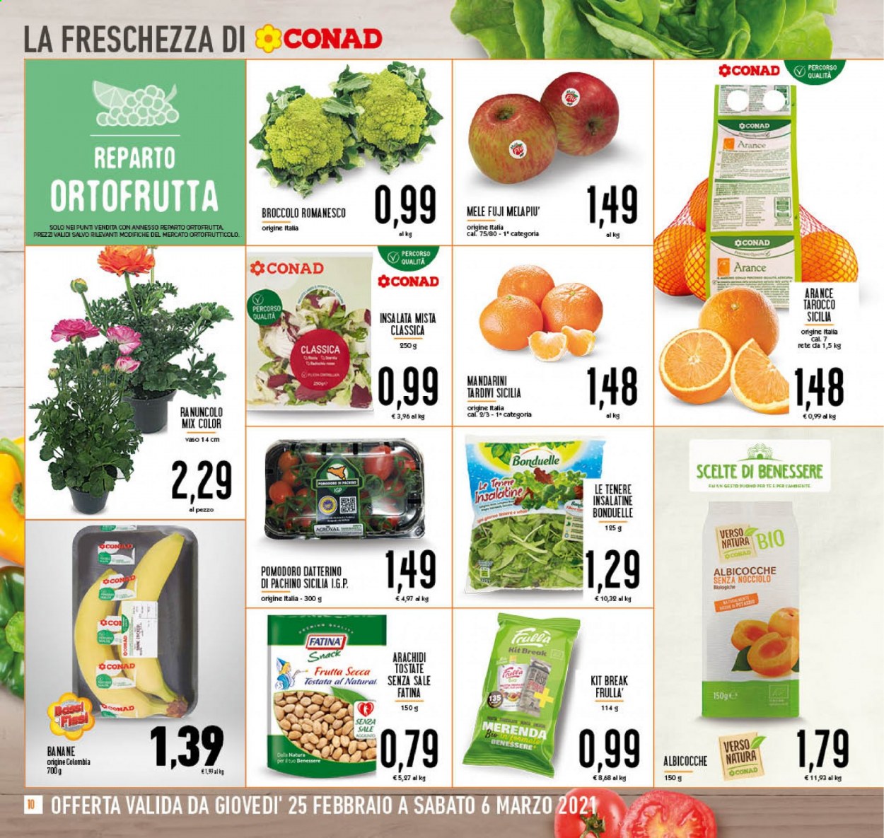 thumbnail - Volantino Conad - 25/2/2021 - 6/3/2021 - Prodotti in offerta - Bonduelle, pomodorini, mele, arance, mandarini, arachidi, arachidi tostate, Fatina. Pagina 10.