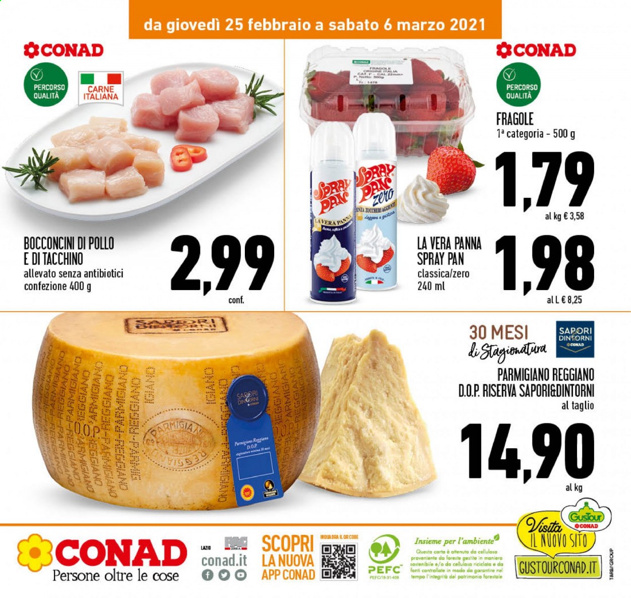 thumbnail - Volantino Conad - 25/2/2021 - 6/3/2021 - Prodotti in offerta - fragole, bocconcini, bocconcini di pollo, parmigiano, panna, panna montata spray. Pagina 28.