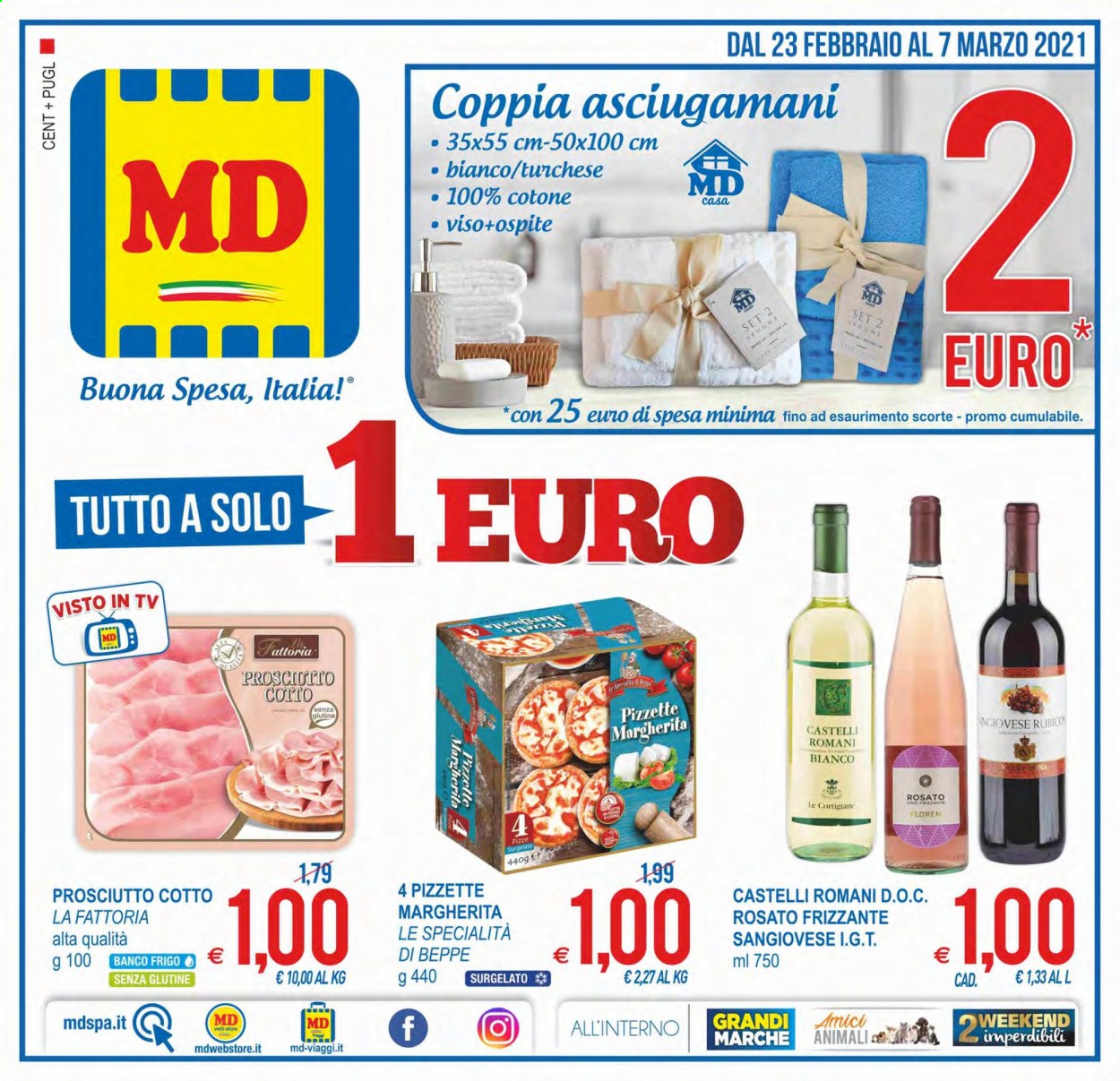 thumbnail - Volantino MD Discount - 23/2/2021 - 7/3/2021 - Prodotti in offerta - La Fattoria, prosciutto cotto, vino rosso, vino, Sangiovese, asciugamano. Pagina 1.