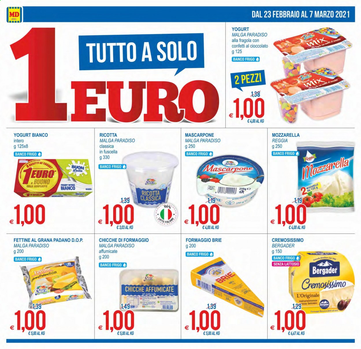 thumbnail - Volantino MD Discount - 23/2/2021 - 7/3/2021 - Prodotti in offerta - mozzarella, brie, ricotta, mascarpone, Grana Padano, latte, chicche. Pagina 2.