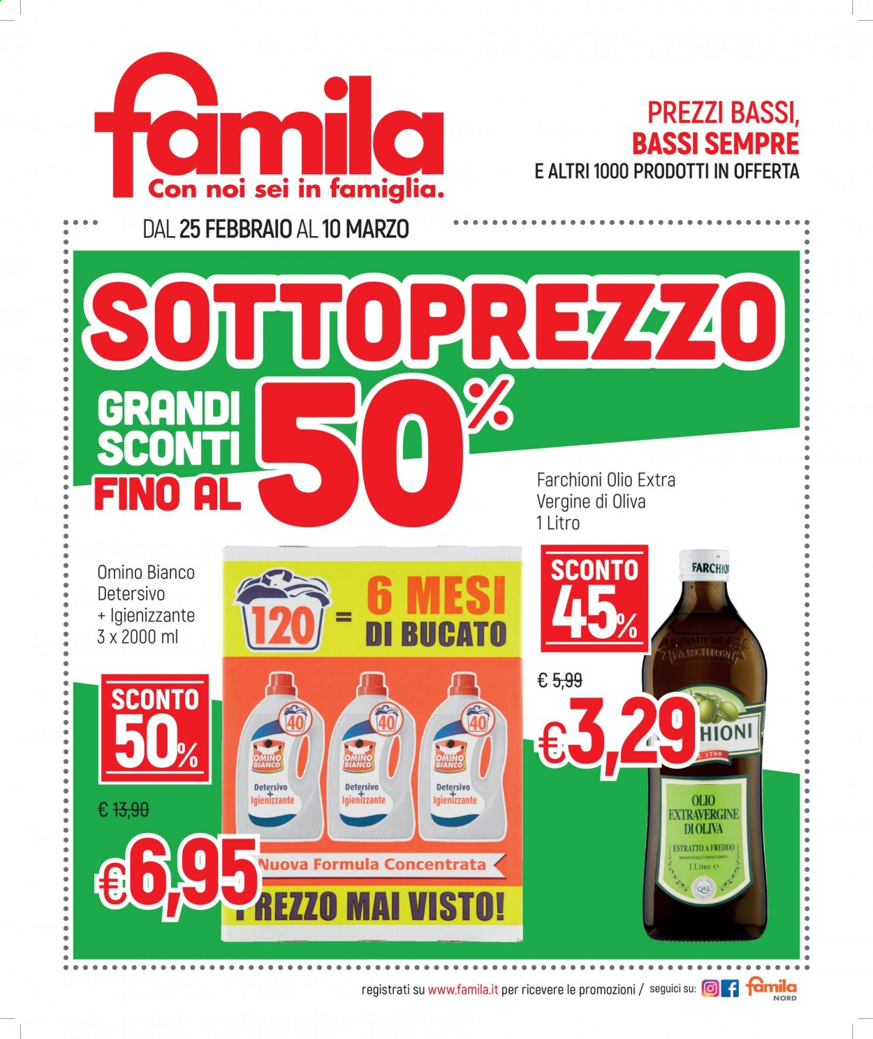 thumbnail - Volantino Famila - 25/2/2021 - 10/3/2021 - Prodotti in offerta - olio, olio extra vergine di oliva, olio di oliva, detersivo, igienizzante, Omino Bianco. Pagina 1.