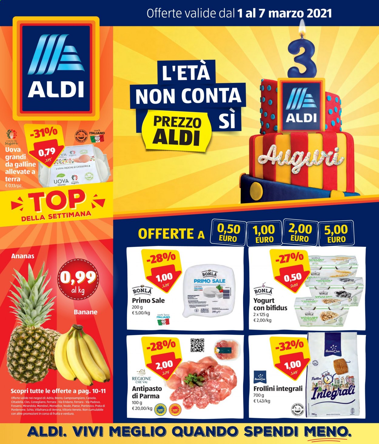 thumbnail - Volantino Aldi - 1/3/2021 - 7/3/2021 - Prodotti in offerta - banane, formaggio, Primosale, yogurt, uova, frollini. Pagina 1.