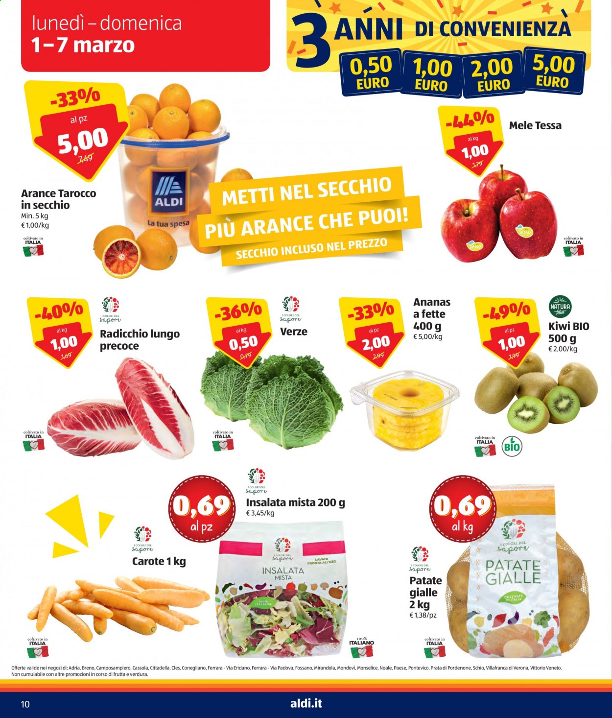 thumbnail - Volantino Aldi - 1/3/2021 - 7/3/2021 - Prodotti in offerta - insalata mista, patate, carote, radicchio, patate gialle, mele, ananas, arance, kiwi, secchio. Pagina 10.