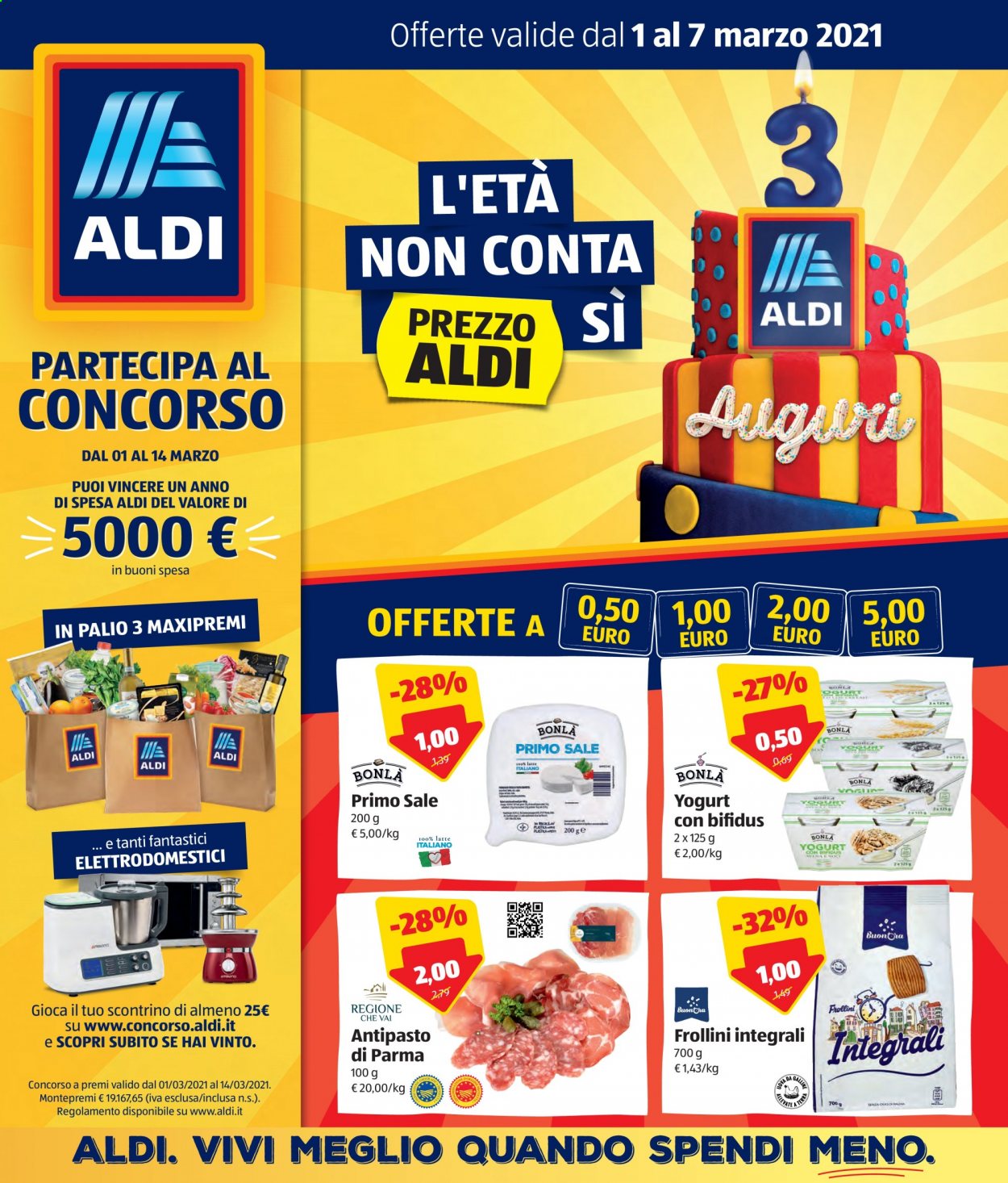 thumbnail - Volantino Aldi - 1/3/2021 - 7/3/2021 - Prodotti in offerta - formaggio, Primosale, yogurt, frollini, gioco. Pagina 1.