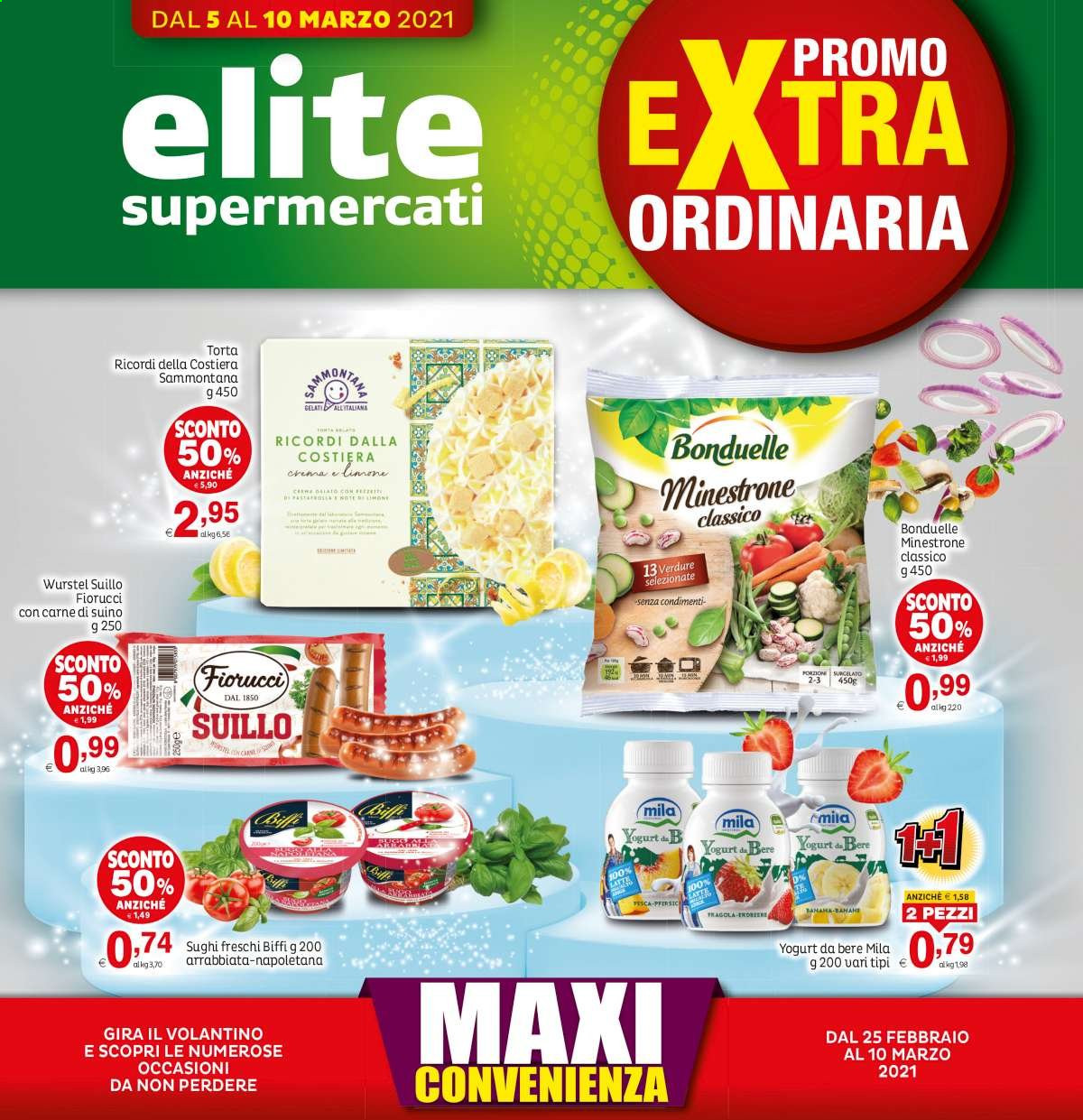 thumbnail - Volantino Elite Supermercati - 5/3/2021 - 10/3/2021 - Prodotti in offerta - torta, Bonduelle, suino, minestrone, sugo, Fiorucci, würstel, yogurt, gelato, Sammontana. Pagina 1.