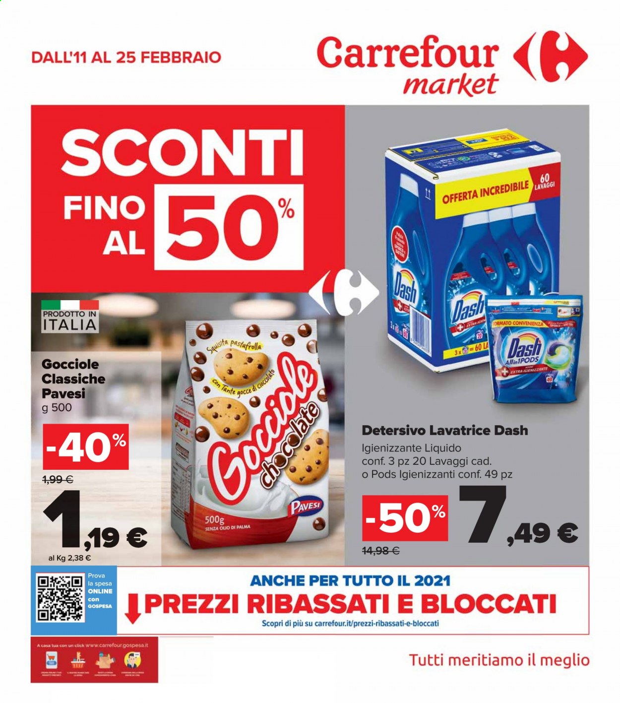 thumbnail - Volantino Carrefour - 11/2/2021 - 25/3/2021 - Prodotti in offerta - Pavesi, detersivo per lavatrice, Dash. Pagina 1.