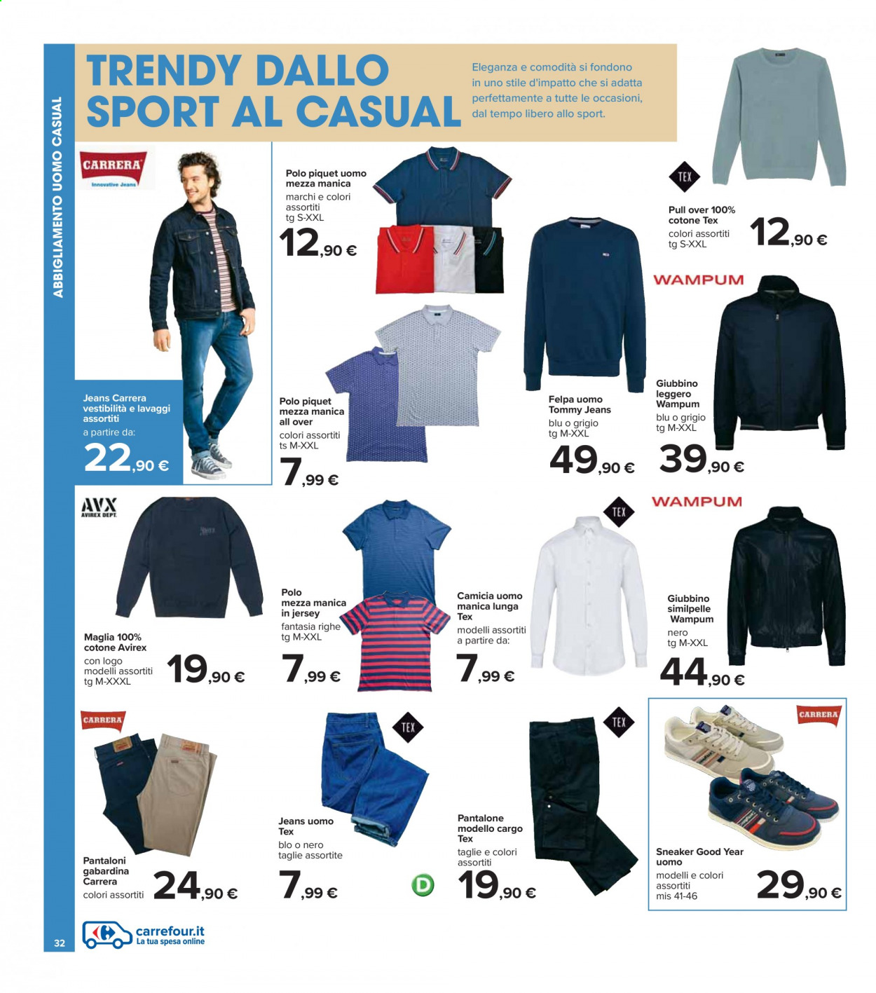 Volantino Carrefour - 26/2/2021 - 7/3/2021 - Prodotti in offerta - Carrera, maglia, pantaloni, jeans, camicia, felpa, Goodyear. Pagina 32.