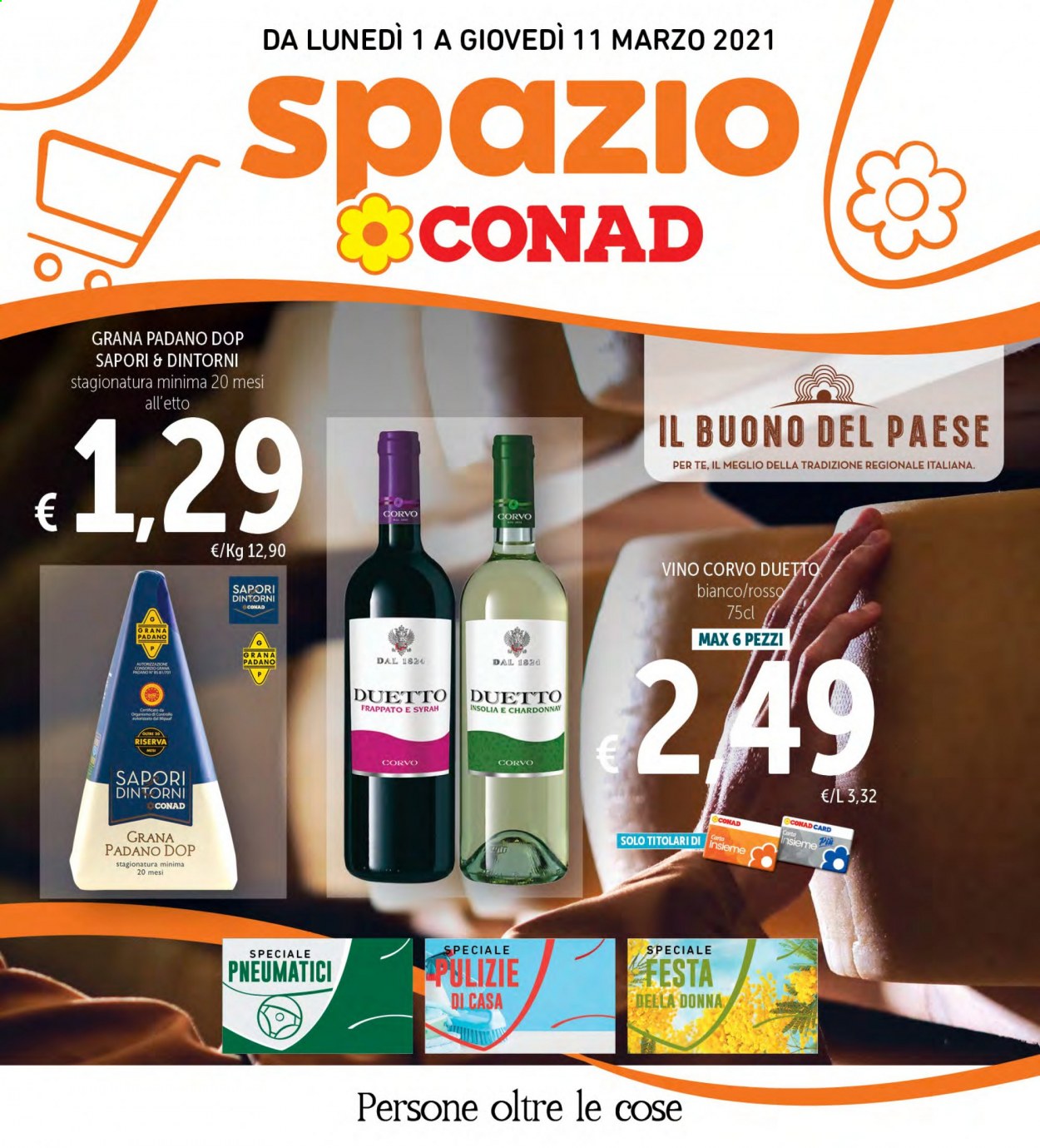 thumbnail - Volantino Conad - 1/3/2021 - 11/3/2021 - Prodotti in offerta - Grana Padano, Corvo, vino bianco, Chardonnay, vino, pneumatici. Pagina 1.