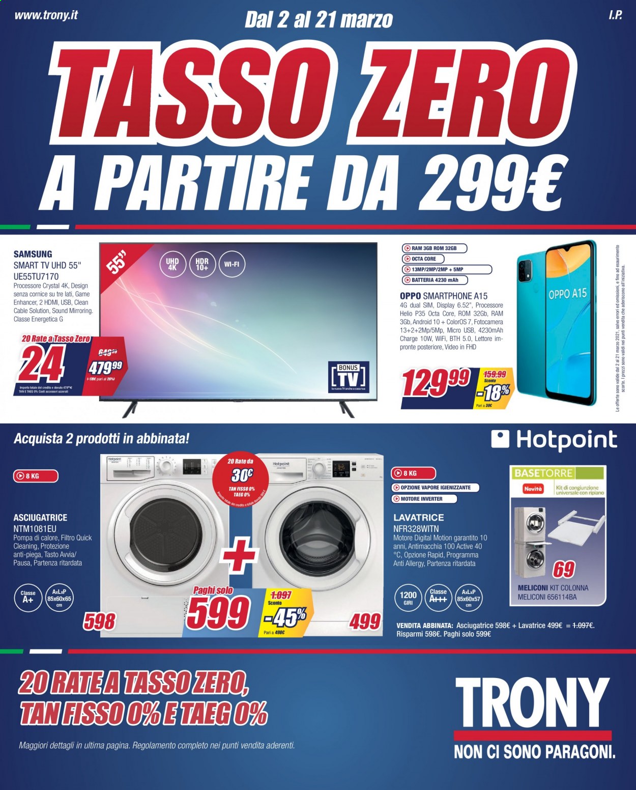 thumbnail - Volantino Trony - 2/3/2021 - 21/3/2021 - Prodotti in offerta - Samsung, smartphone, OPPO, Smart TV, televisore, lavatrice, asciugatrice. Pagina 1.
