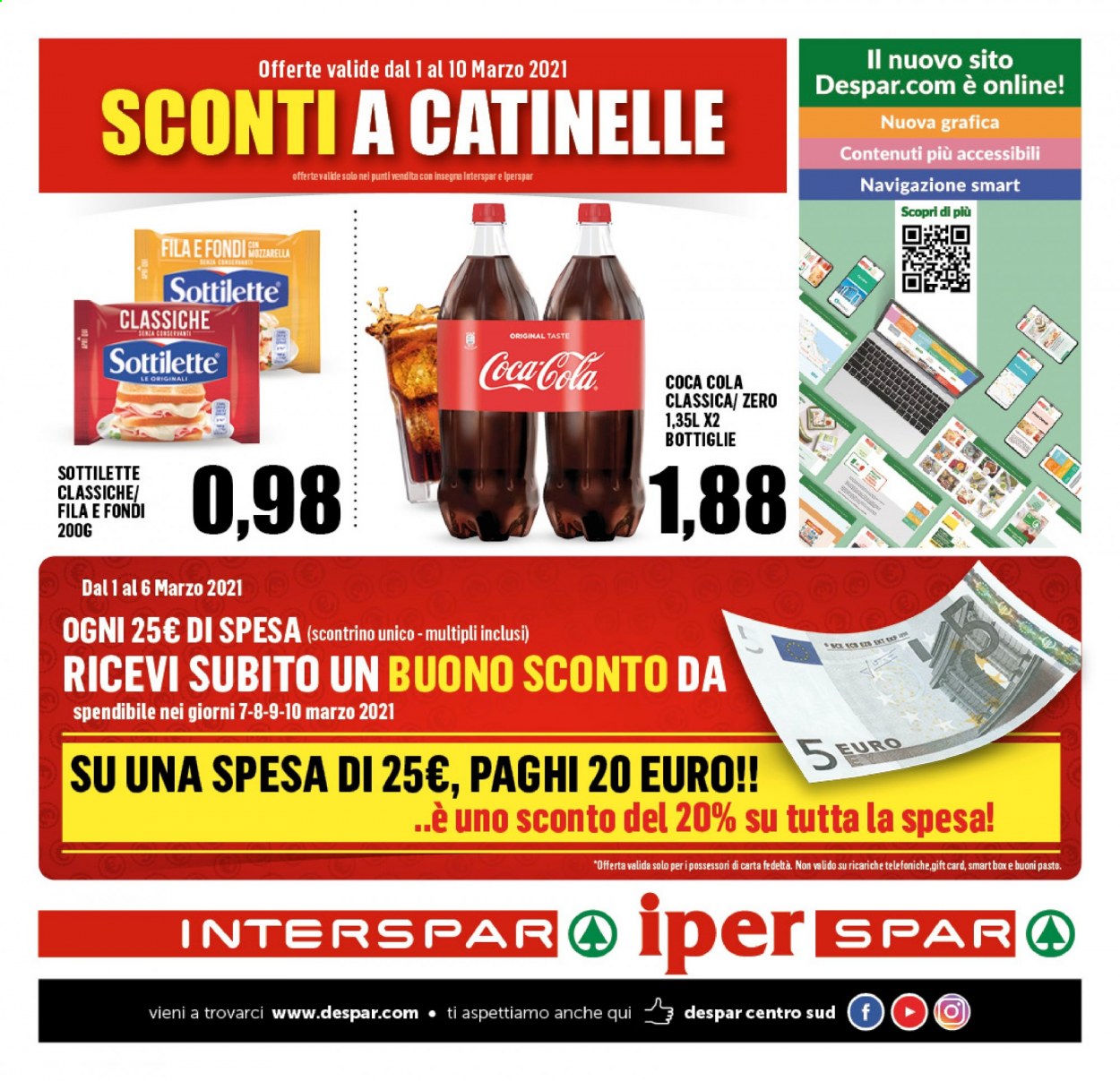 thumbnail - Volantino Interspar - 1/3/2021 - 10/3/2021 - Prodotti in offerta - formaggio, Sottilette, Coca Cola, bibita gassata. Pagina 1.