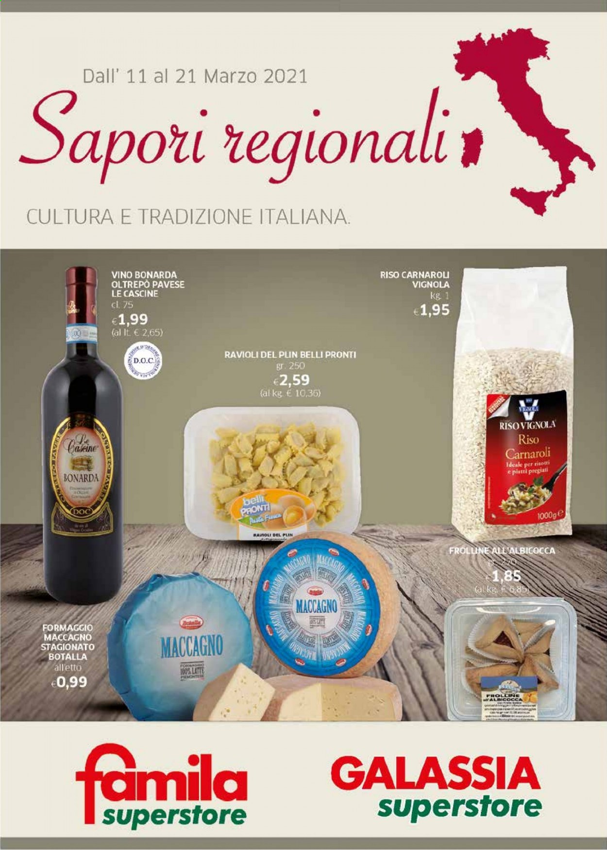 thumbnail - Volantino Famila - 11/3/2021 - 21/3/2021 - Prodotti in offerta - latte, ravioli, riso, riso carnaroli, vino. Pagina 1.