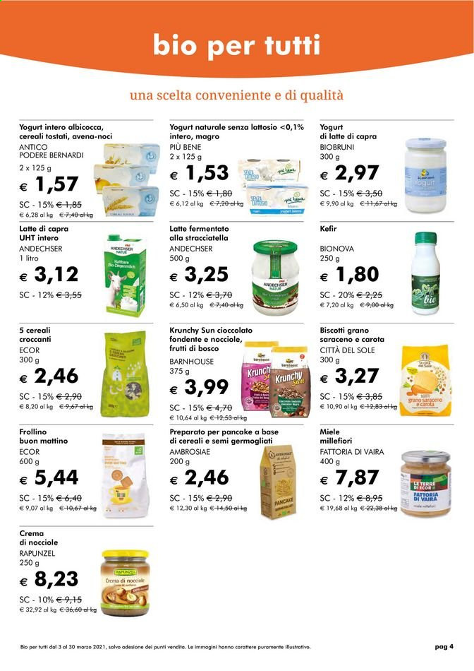 thumbnail - Volantino Natura Sì - Prodotti in offerta - preparato per pancakes, yogurt, kefir, biscotti, grano saraceno, miele. Pagina 4.