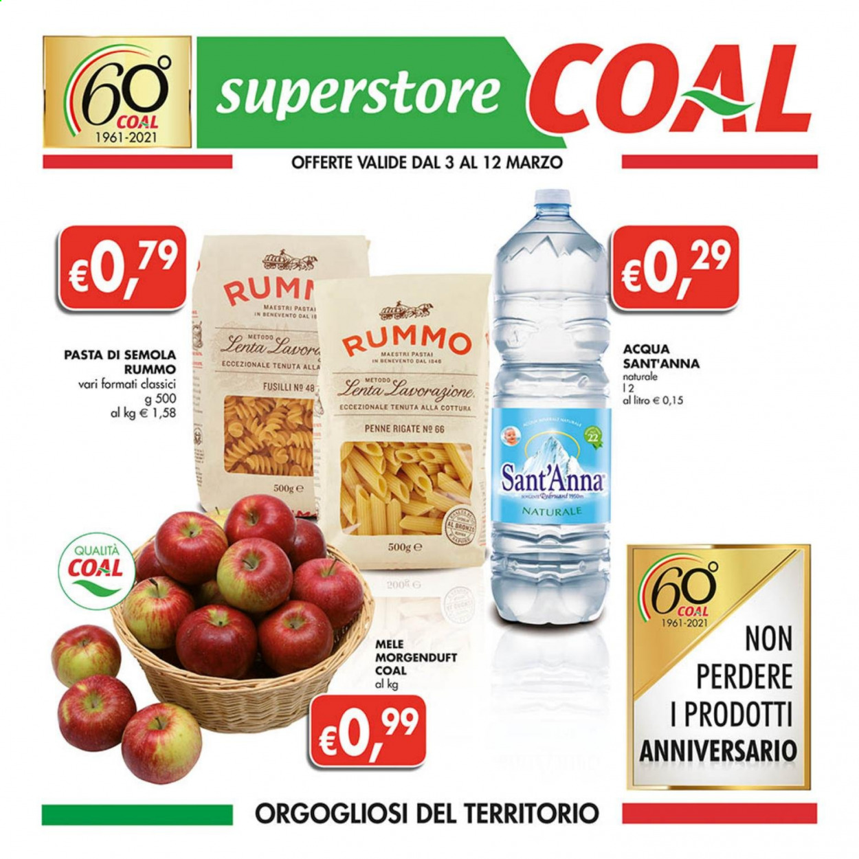 thumbnail - Volantino COAL - 3/3/2021 - 12/3/2021 - Prodotti in offerta - mele, pasta, penne, fusilli, Rummo, Sant'Anna. Pagina 1.