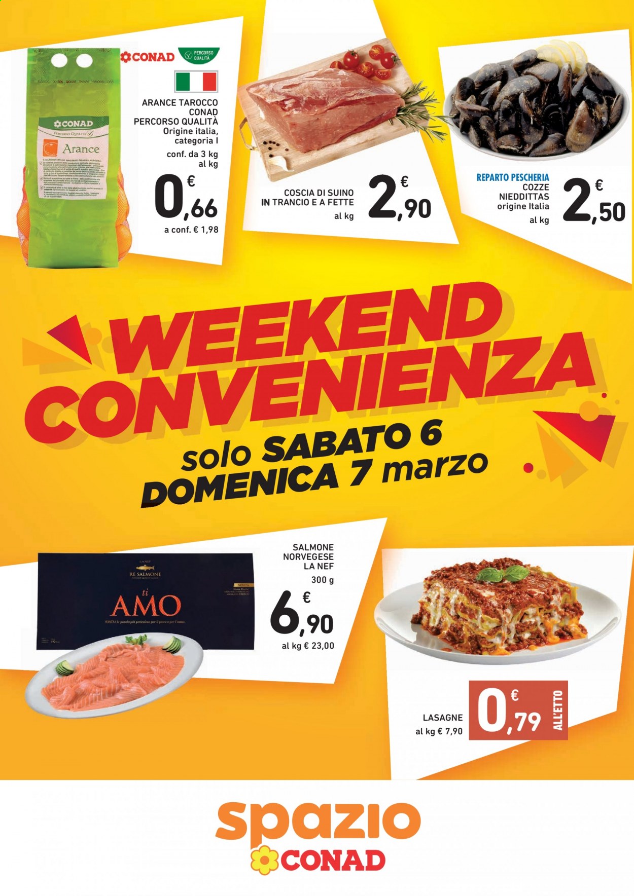 thumbnail - Volantino Conad - 6/3/2021 - 7/3/2021 - Prodotti in offerta - arance, suino, salmone, cozze, lasagne. Pagina 1.