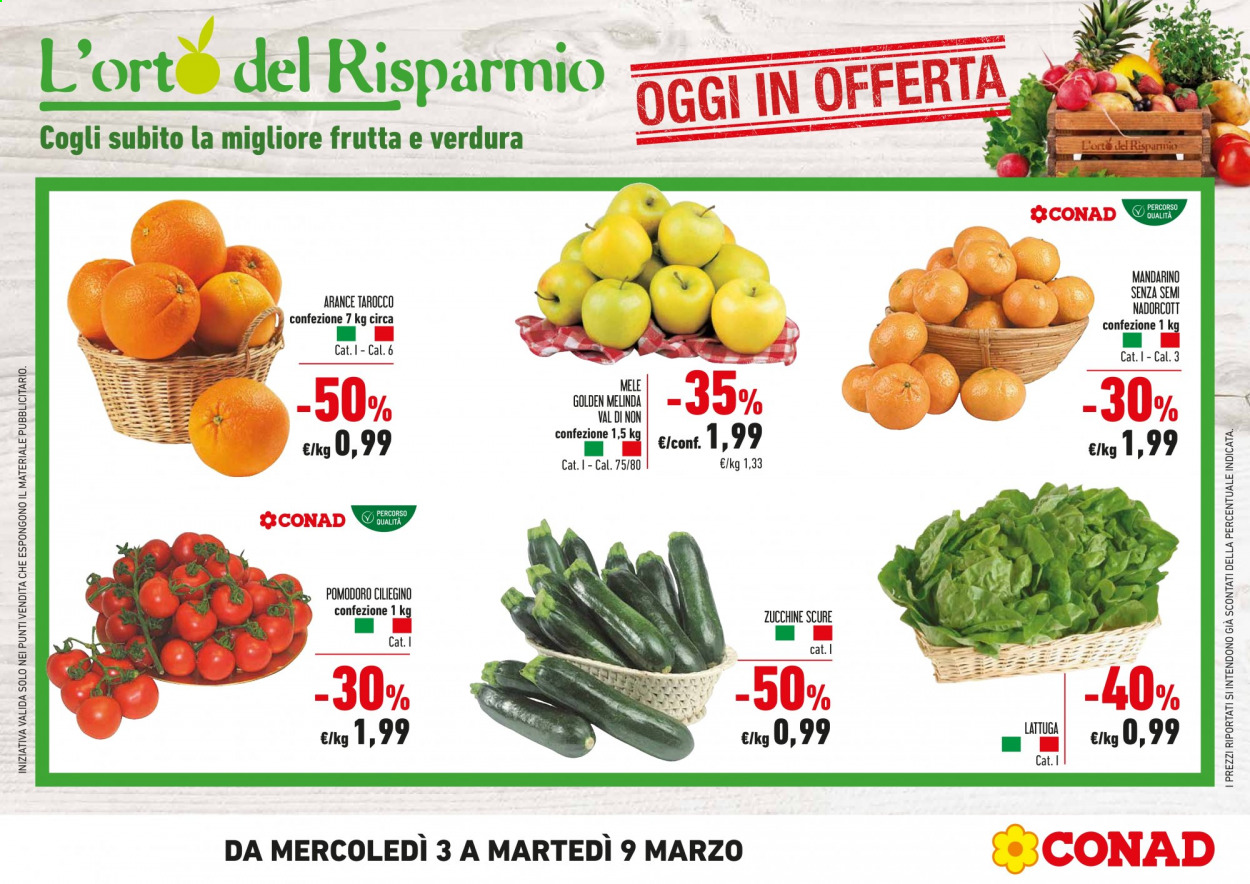 thumbnail - Volantino Conad - 3/3/2021 - 9/3/2021 - Prodotti in offerta - zucchine, pomodorini, pomodori, lattuga, mele, arance. Pagina 1.