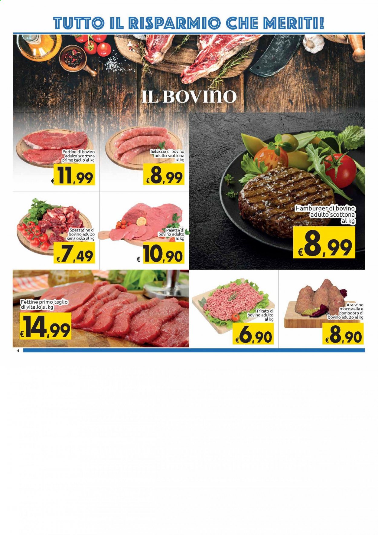 thumbnail - Volantino Carrefour - 2/3/2021 - 14/3/2021 - Prodotti in offerta - pomodori, spezzatino, vitello, spezzatino di bovino, fettine di bovino, scottona, salsiccia, hamburger, arancini, paletta. Pagina 4.