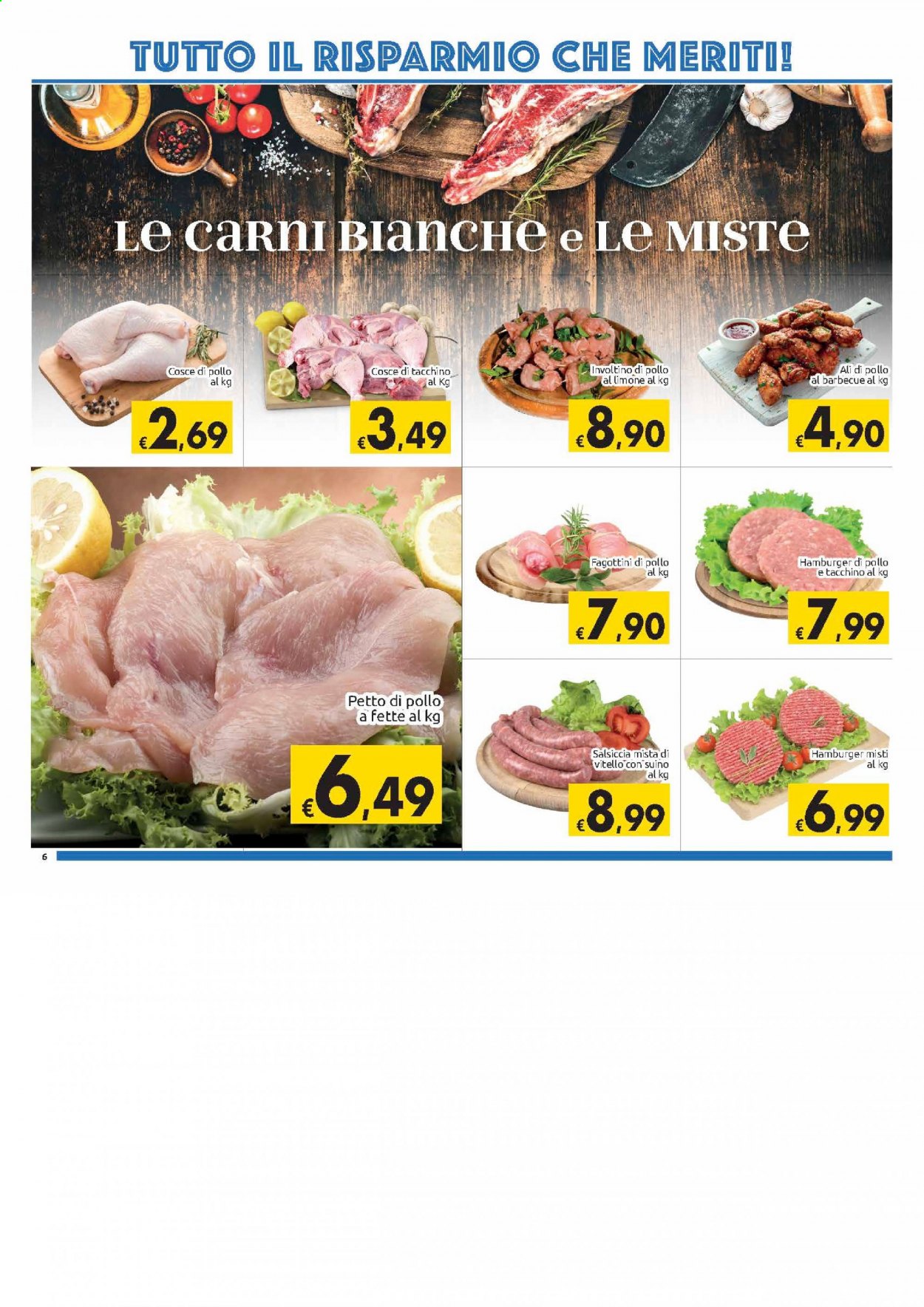 Volantino Carrefour - 2/3/2021 - 14/3/2021 - Prodotti in offerta - cosce di pollo, petto di pollo, tacchino, pollo, vitello, salsiccia, hamburger, barbecue. Pagina 6.