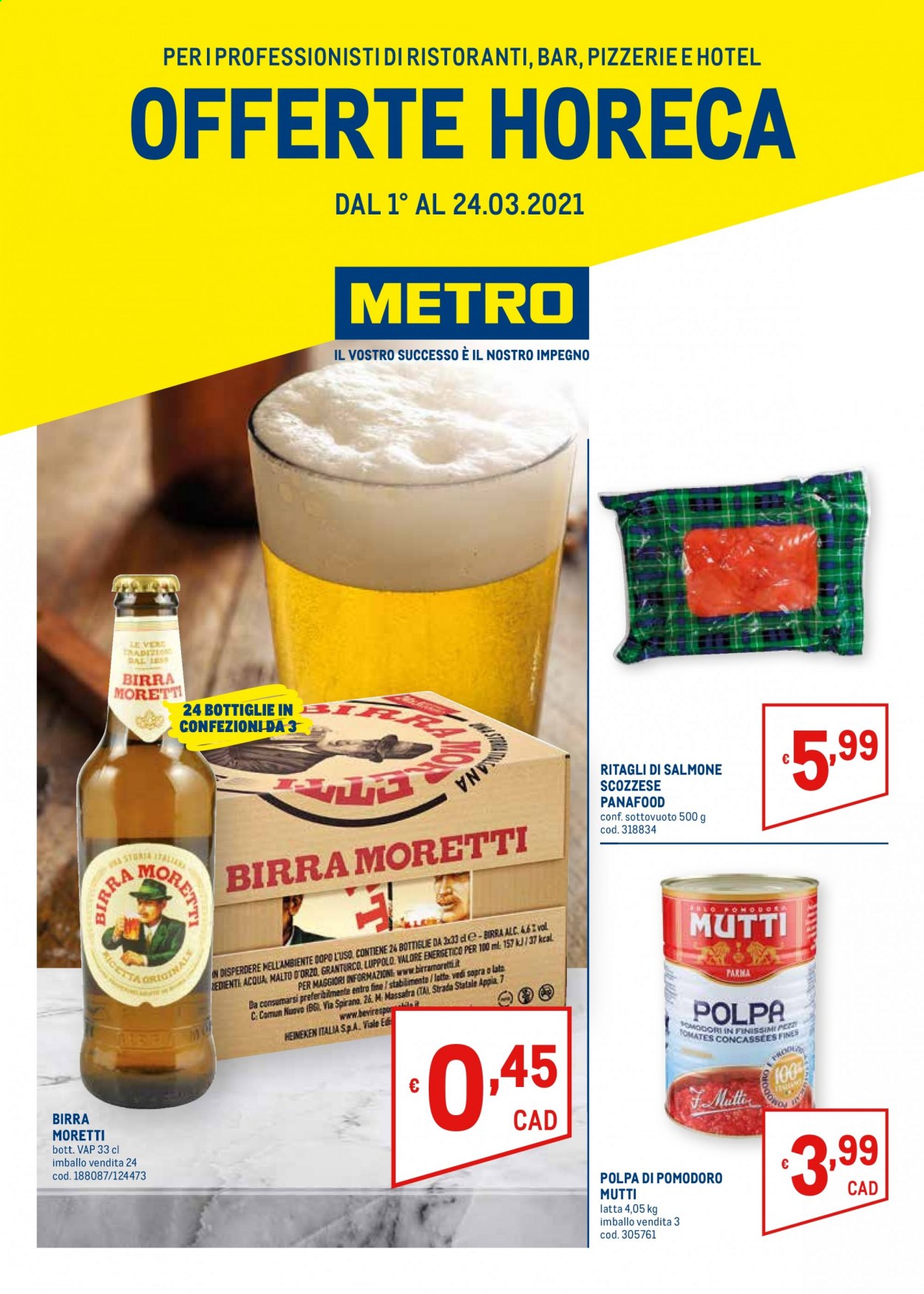 thumbnail - Volantino Metro - 1/3/2021 - 24/3/2021 - Prodotti in offerta - Birra Moretti, birra, salmone, Mutti, polpa di pomodoro, orzo. Pagina 1.