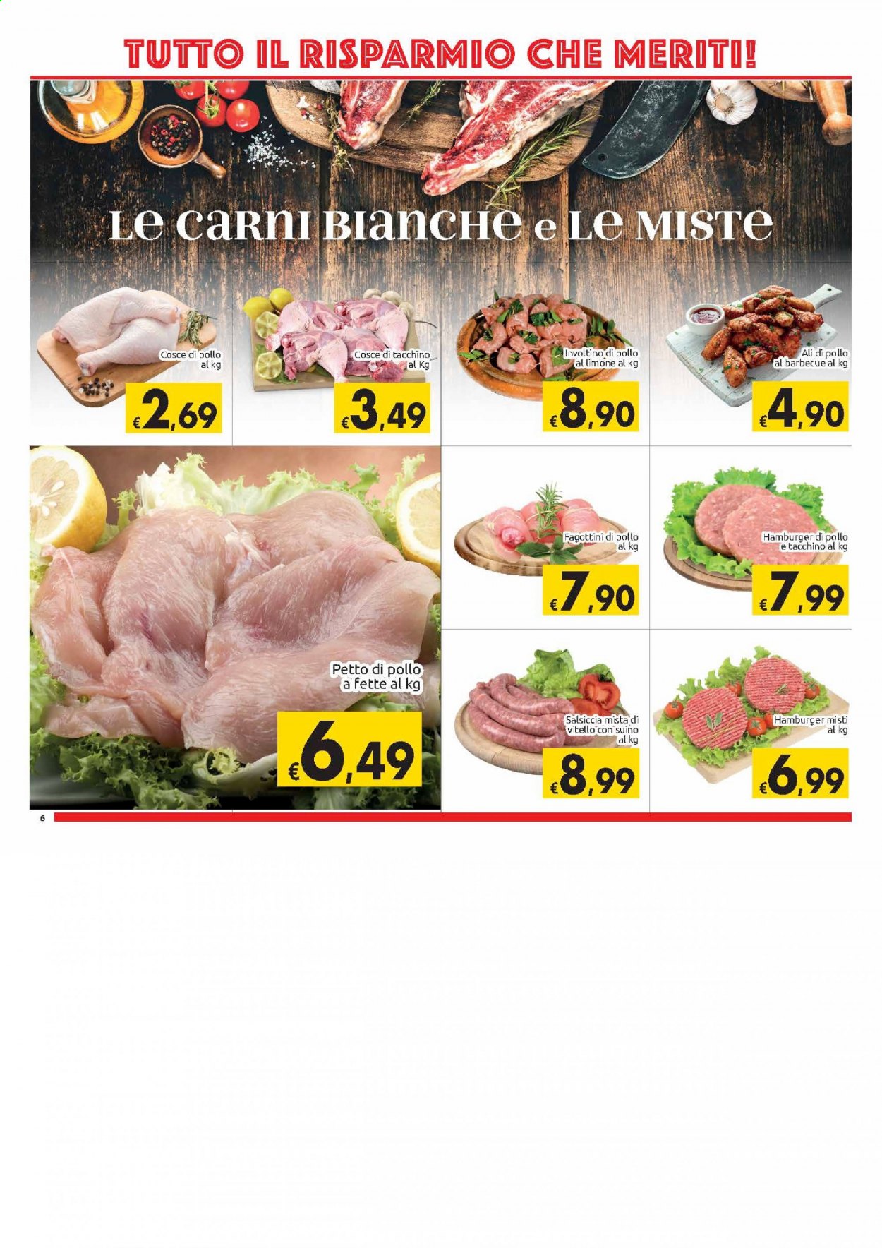 Volantino Carrefour - 2/3/2021 - 13/3/2021 - Prodotti in offerta - cosce di pollo, petto di pollo, tacchino, pollo, vitello, salsiccia, hamburger, barbecue. Pagina 6.