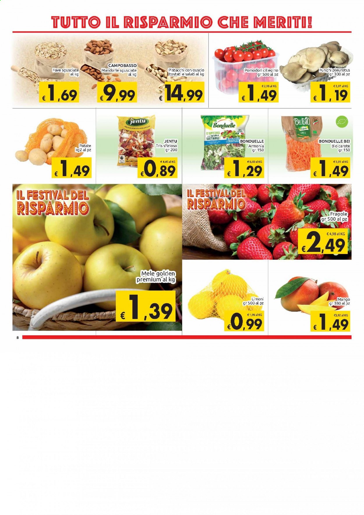 Volantino Carrefour - 2/3/2021 - 13/3/2021 - Prodotti in offerta - patate, carote, fave, pomodori, mele, limoni, fragole, mango, Bonduelle, mandorle, pistacchi. Pagina 8.