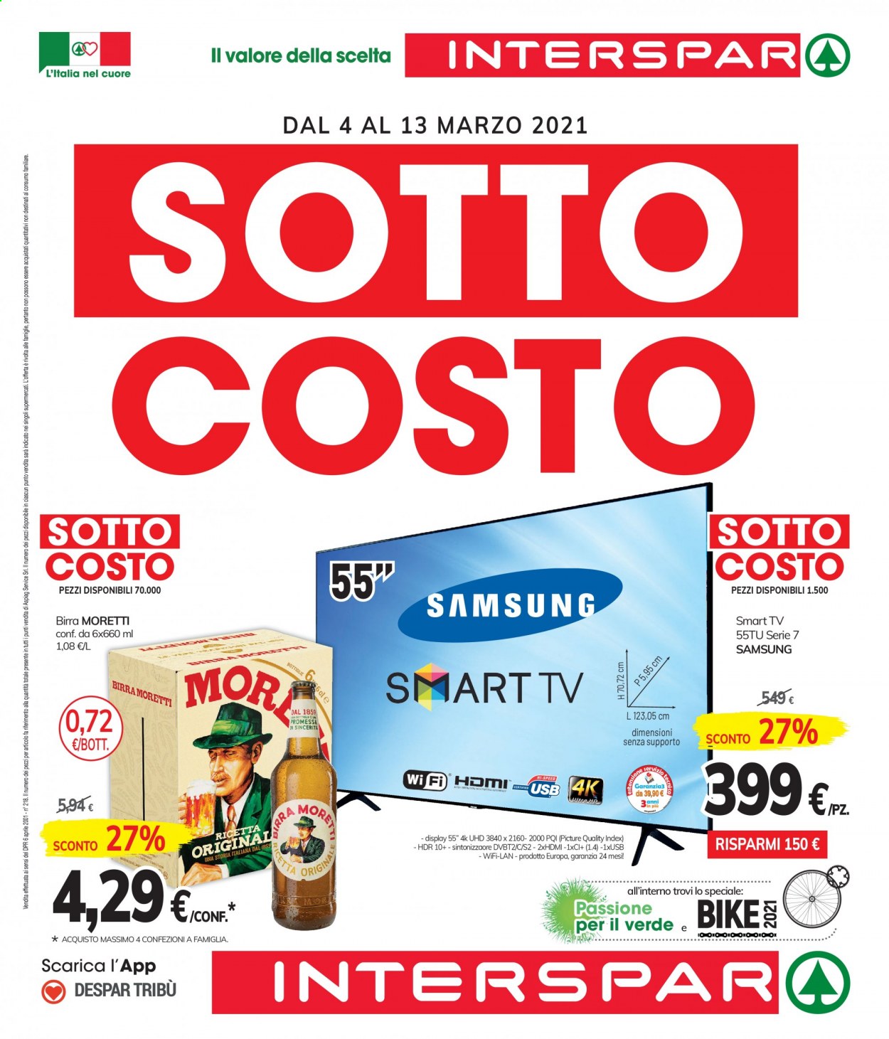 thumbnail - Volantino Interspar - 4/3/2021 - 14/3/2021 - Prodotti in offerta - Birra Moretti, birra, Samsung, Smart TV, televisore. Pagina 1.