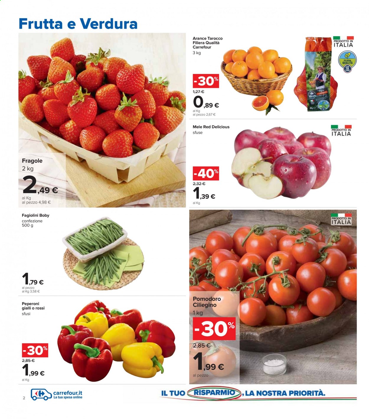 thumbnail - Volantino Carrefour - 8/3/2021 - 21/3/2021 - Prodotti in offerta - fagiolini, peperoni, pomodori, mele, arance, fragole, Red Delicious. Pagina 2.