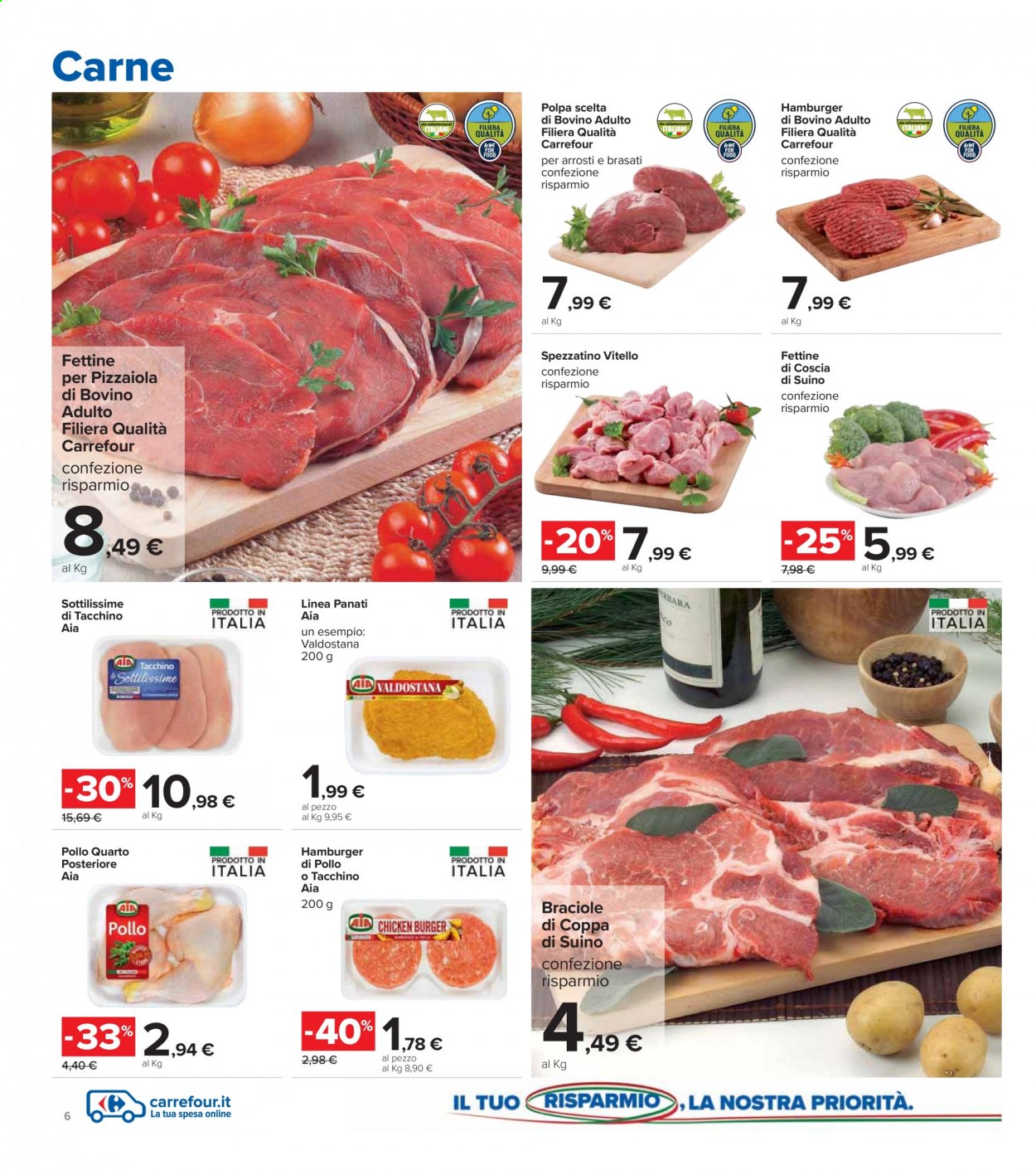 thumbnail - Volantino Carrefour - 8/3/2021 - 21/3/2021 - Prodotti in offerta - spezzatino, AIA, sottilissime di tacchino, vitello, hamburger, hamburger di pollo, coppa di suino, suino. Pagina 6.