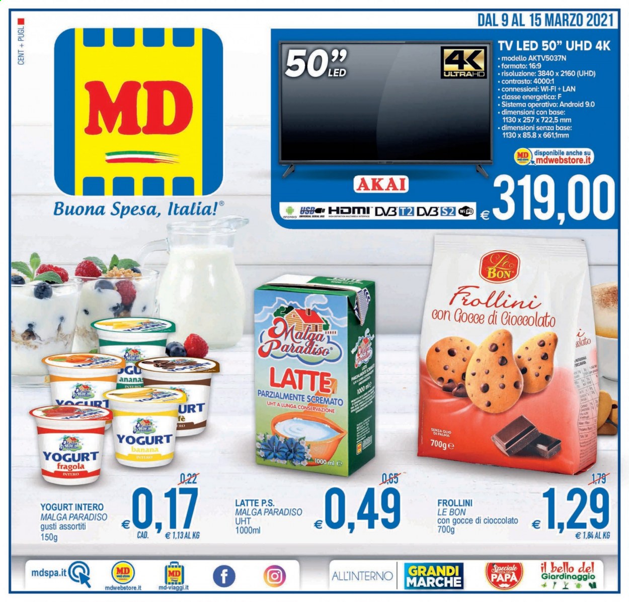 thumbnail - Volantino MD Discount - 9/3/2021 - 15/3/2021 - Prodotti in offerta - yogurt, latte, frollini, Akai, LED TV, televisore. Pagina 1.