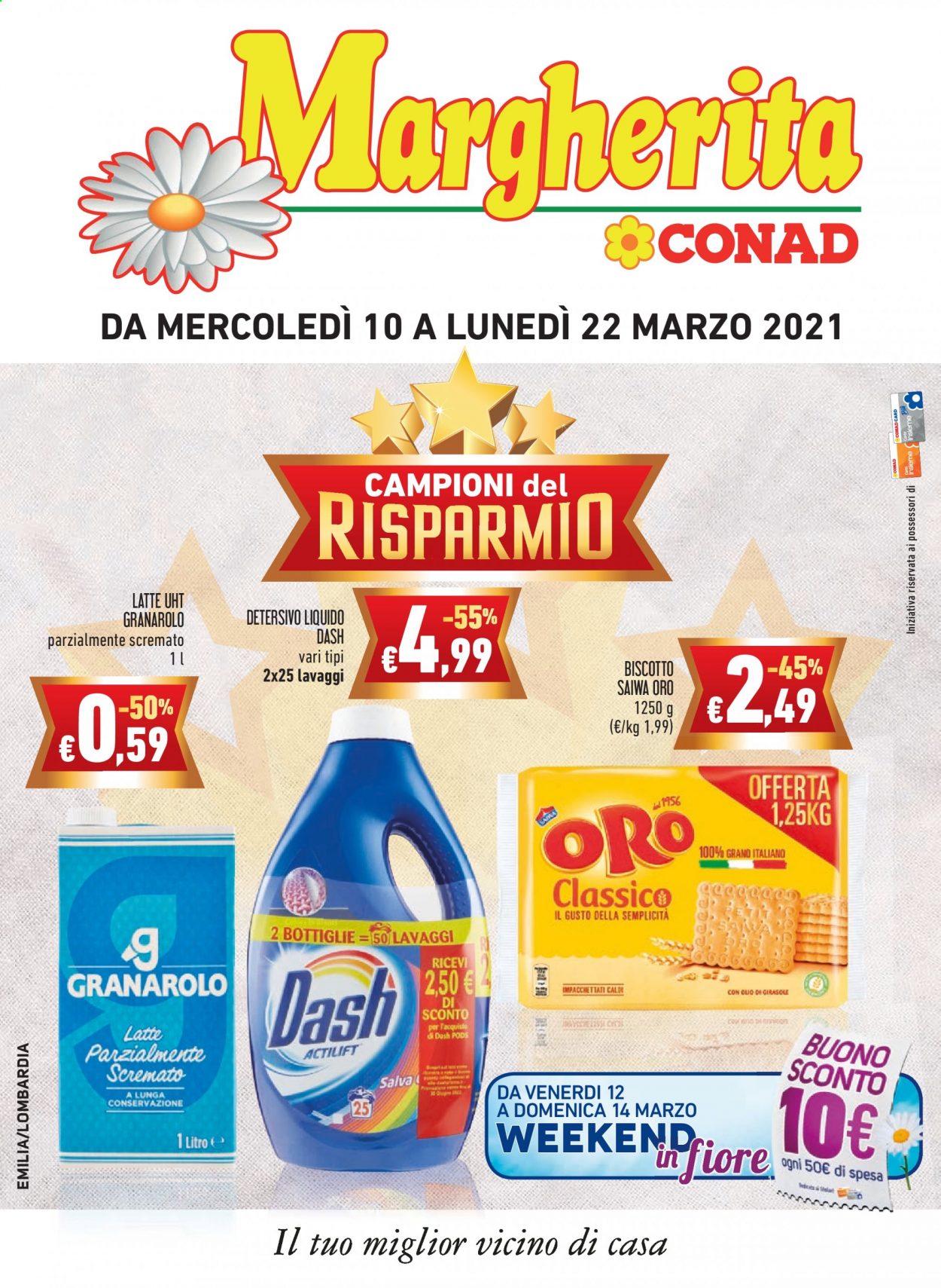 thumbnail - Volantino Conad - 10/3/2021 - 22/3/2021 - Prodotti in offerta - Granarolo, latte, biscotti, detersivo, detersivo per lavatrice, Dash, detersivo per lavatrice in capsule. Pagina 1.