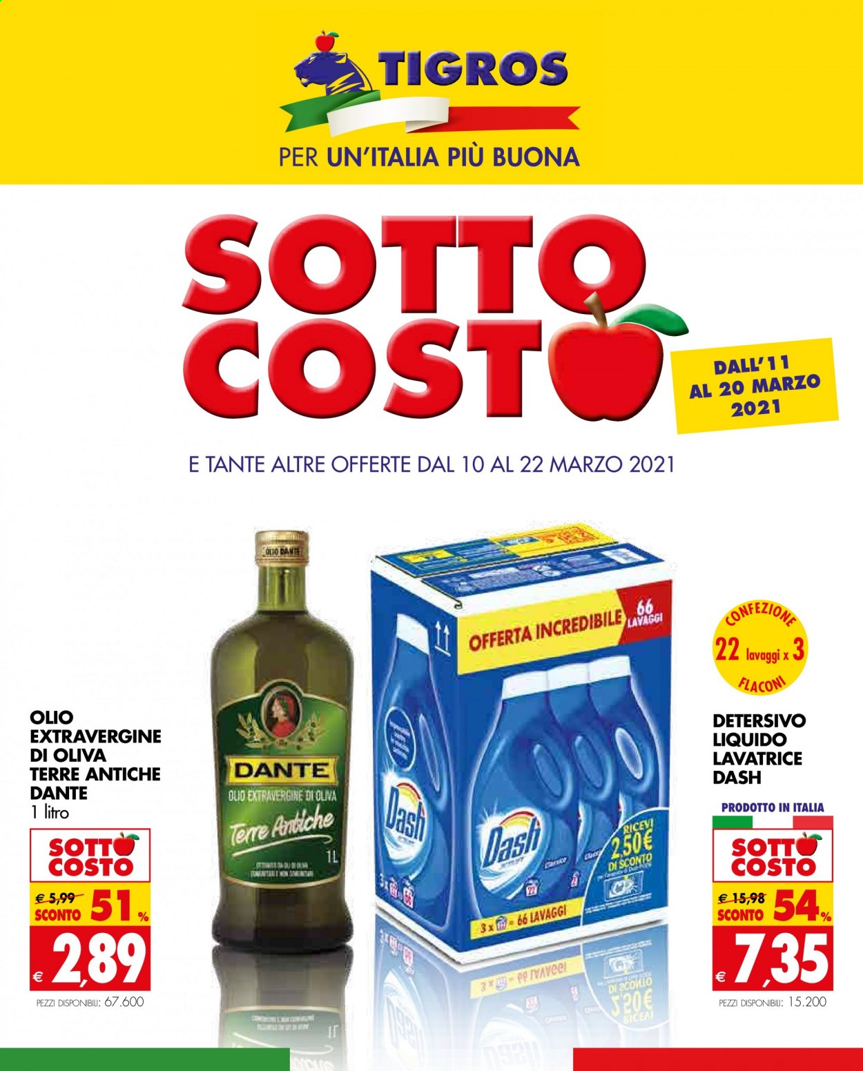 thumbnail - Volantino Tigros - 10/3/2021 - 22/3/2021 - Prodotti in offerta - olio, olio extra vergine di oliva, olio di oliva, detersivo liquido per lavatrice, Dash. Pagina 1.