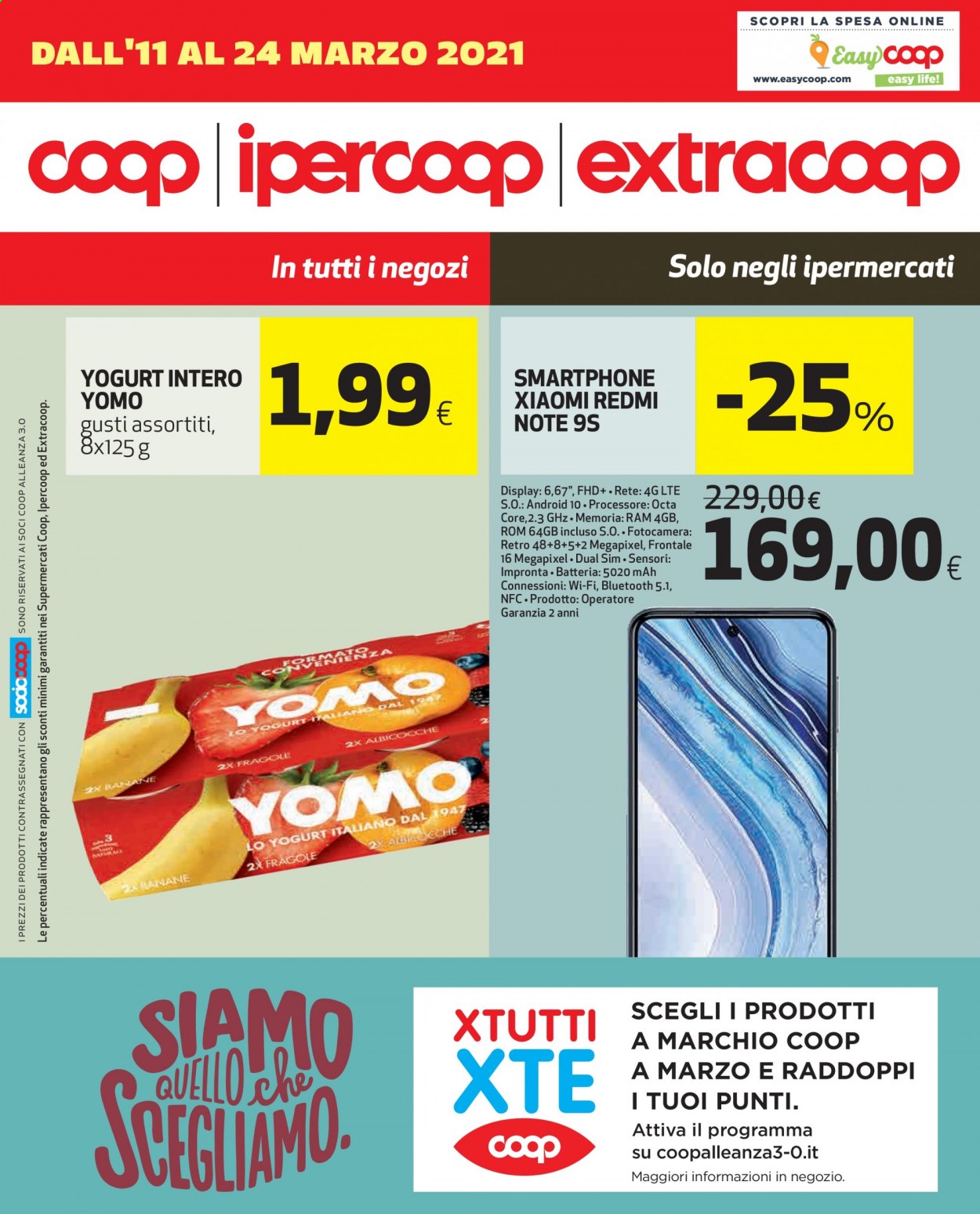 thumbnail - Volantino Coop - 11/3/2021 - 24/3/2021 - Prodotti in offerta - yogurt, Yomo, smartphone, Xiaomi Redmi. Pagina 1.