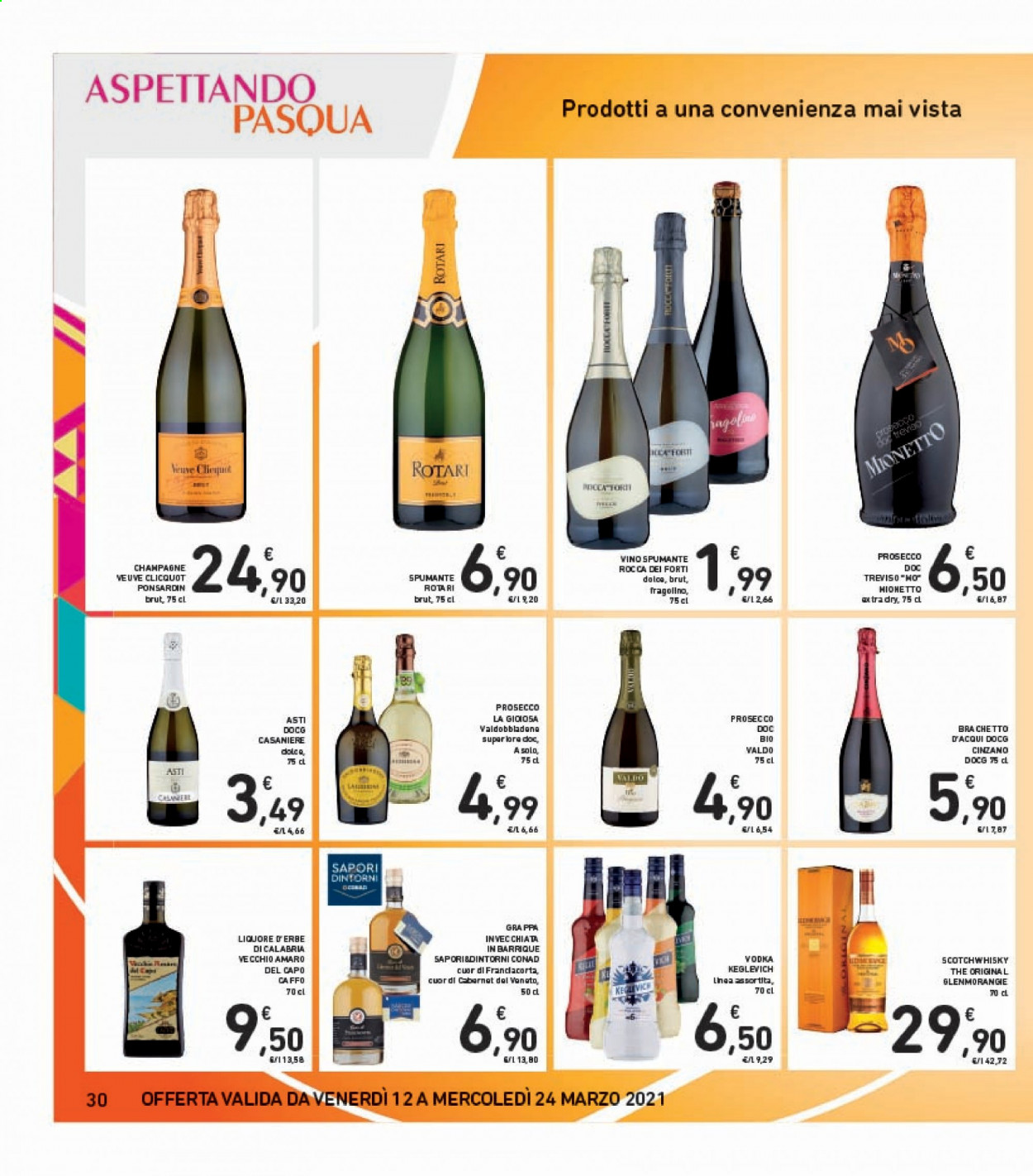 thumbnail - Volantino Conad - 12/3/2021 - 24/3/2021 - Prodotti in offerta - Spumante, Prosecco, vino, Cinzano, vodka, liquore, Keglevich. Pagina 30.