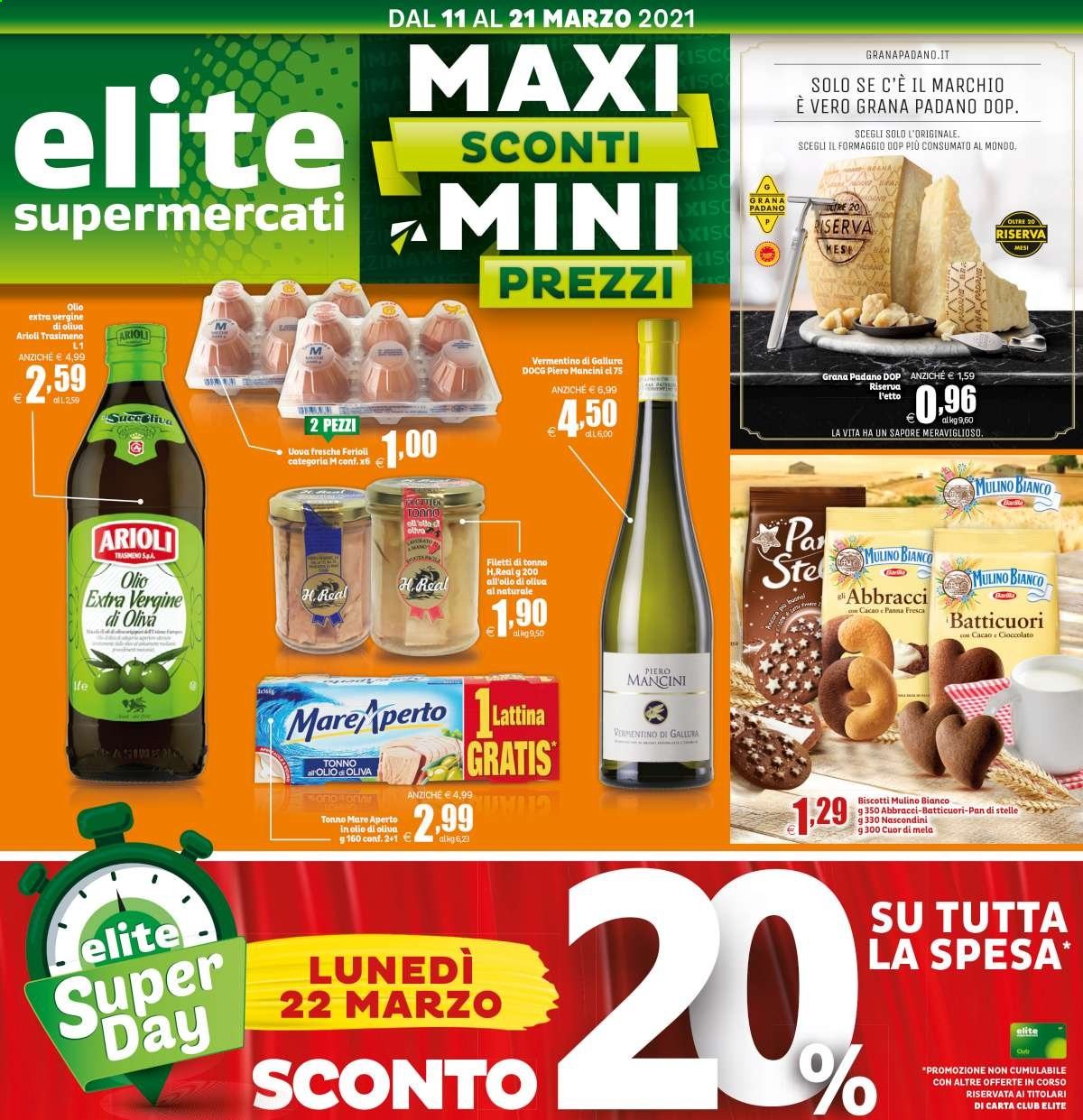 thumbnail - Volantino Elite Supermercati - 11/3/2021 - 21/3/2021 - Prodotti in offerta - Mulino Bianco, tonno, formaggio, Grana Padano, uova, Pan di Stelle, biscotti, vino bianco, vino, Vermentino. Pagina 1.