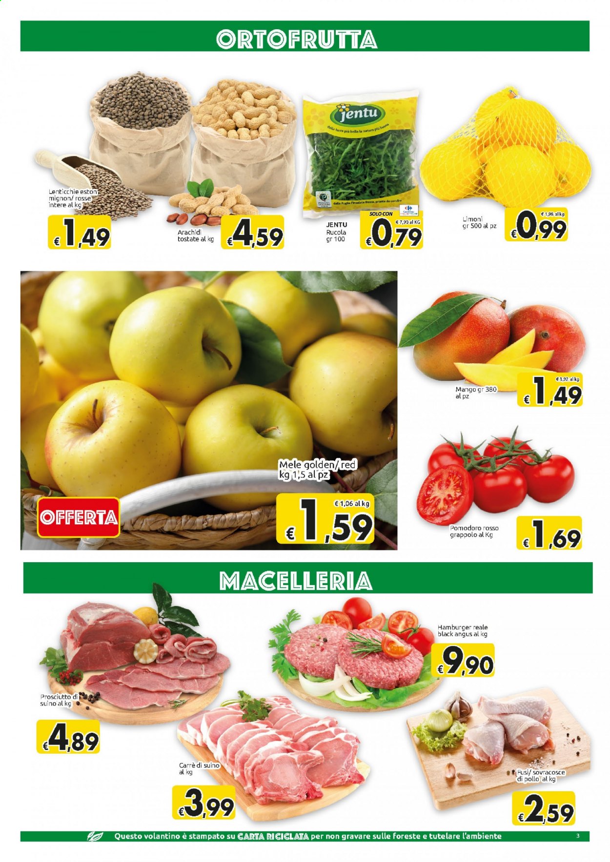 Volantino Carrefour - 9/3/2021 - 15/3/2021 - Prodotti in offerta - rucola, mele, limoni, mango, pollo, hamburger, prosciutto, arachidi, lenticchie. Pagina 3.