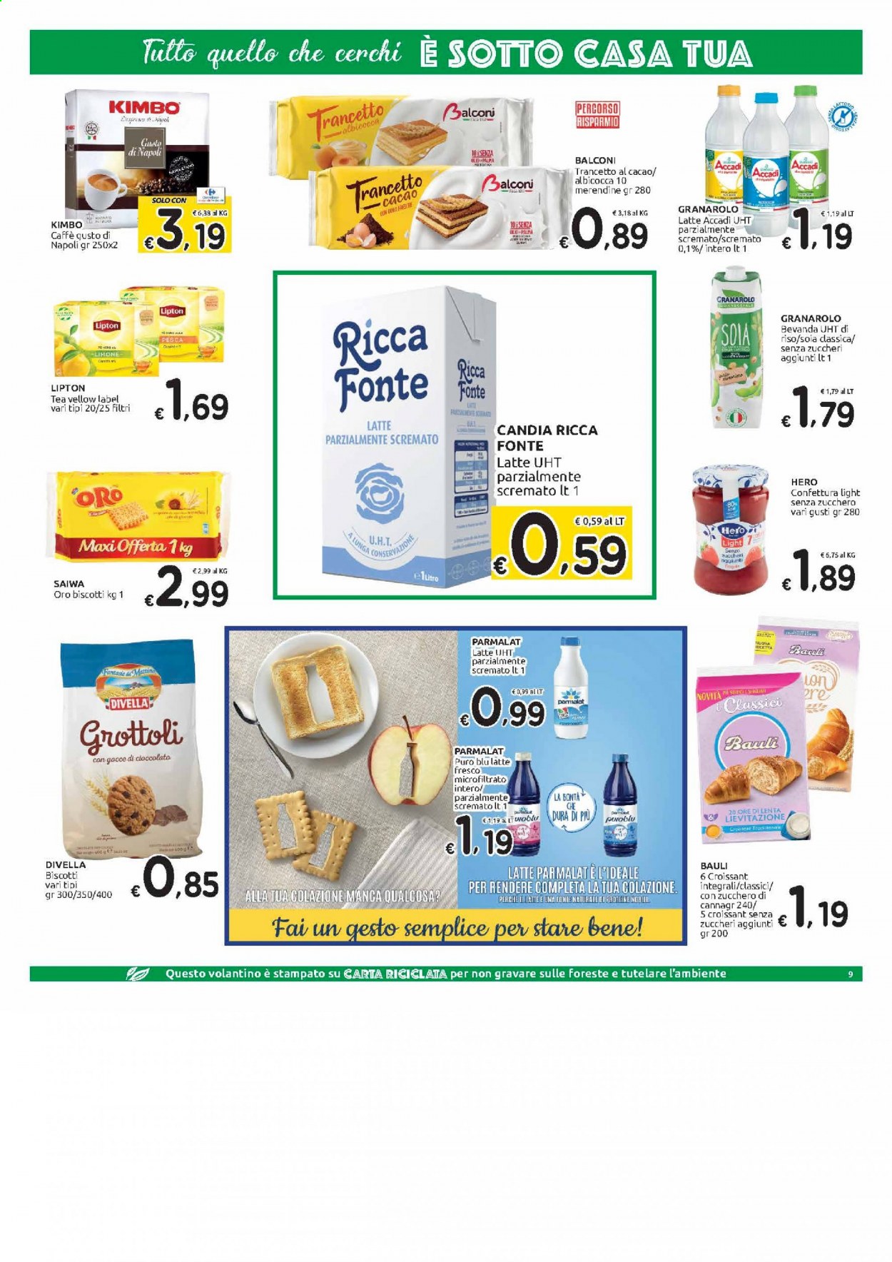 Volantino Carrefour - 10/3/2021 - 22/3/2021 - Prodotti in offerta - Divella, Bauli, croissant, Granarolo, latte, biscotti, zucchero, soia, Lipton, caffè, Kimbo. Pagina 9.