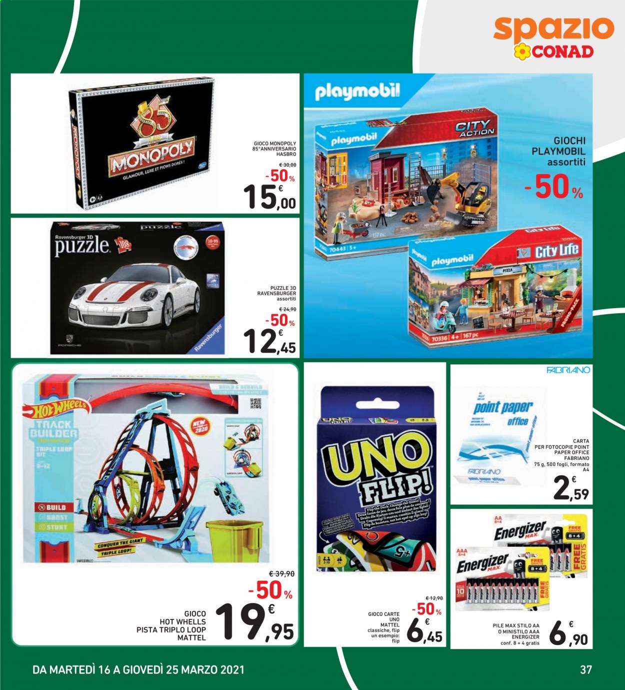 thumbnail - Volantino Conad - 16/3/2021 - 25/3/2021 - Prodotti in offerta - pizza, Energizer, pile ministilo, puzzle, pista, gioco, Hasbro. Pagina 37.