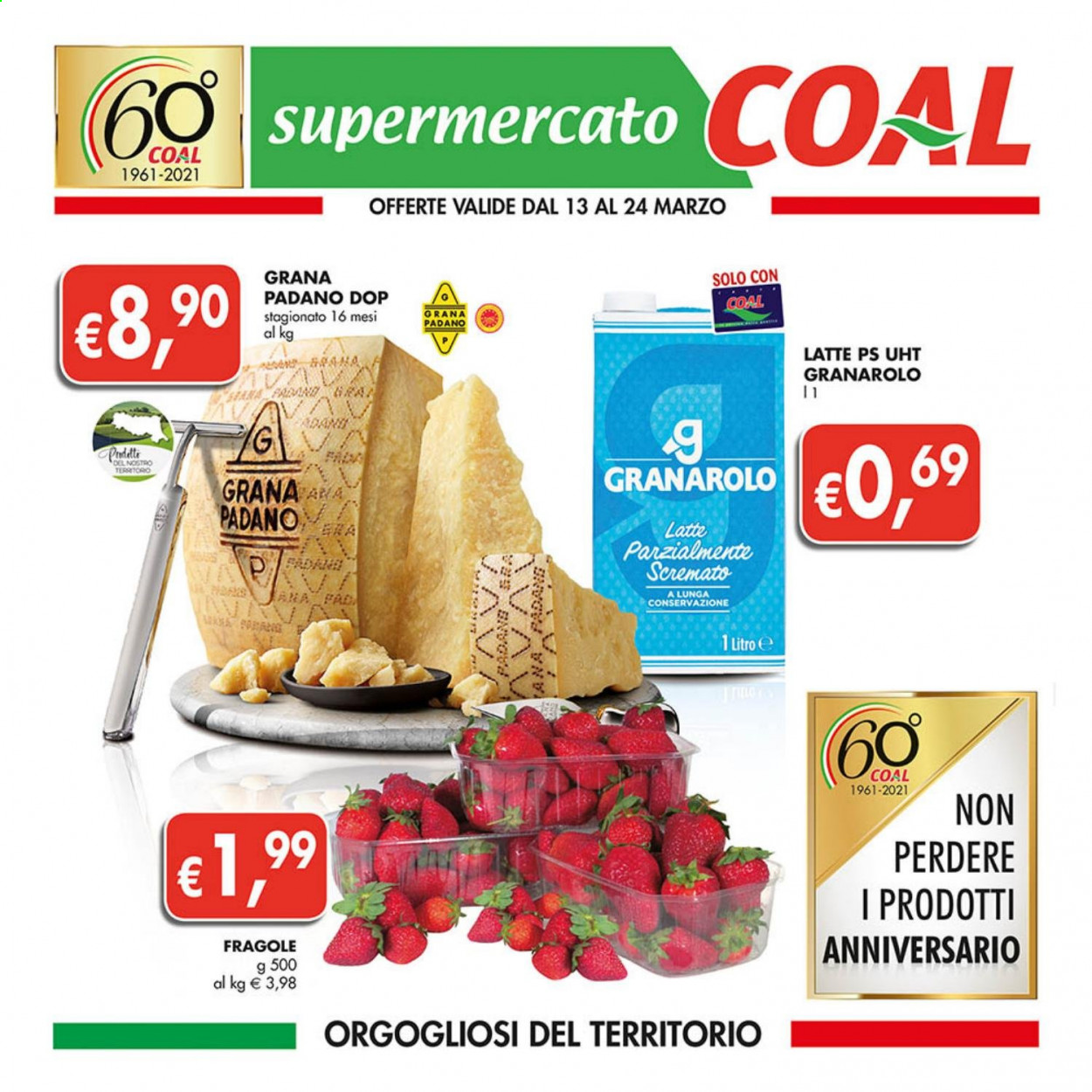thumbnail - Volantino COAL - 13/3/2021 - 24/3/2021 - Prodotti in offerta - fragole, Granarolo, formaggio, Grana Padano, latte, pala. Pagina 1.