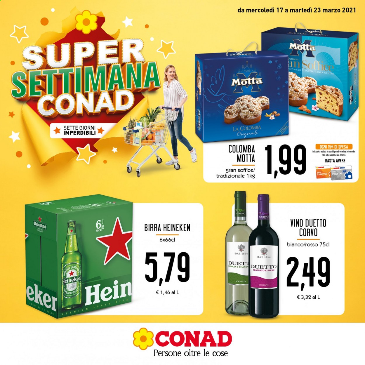 thumbnail - Volantino Conad - 17/3/2021 - 23/3/2021 - Prodotti in offerta - Heineken, birra, birra tipo lager, colomba, Motta, Corvo, vino. Pagina 1.